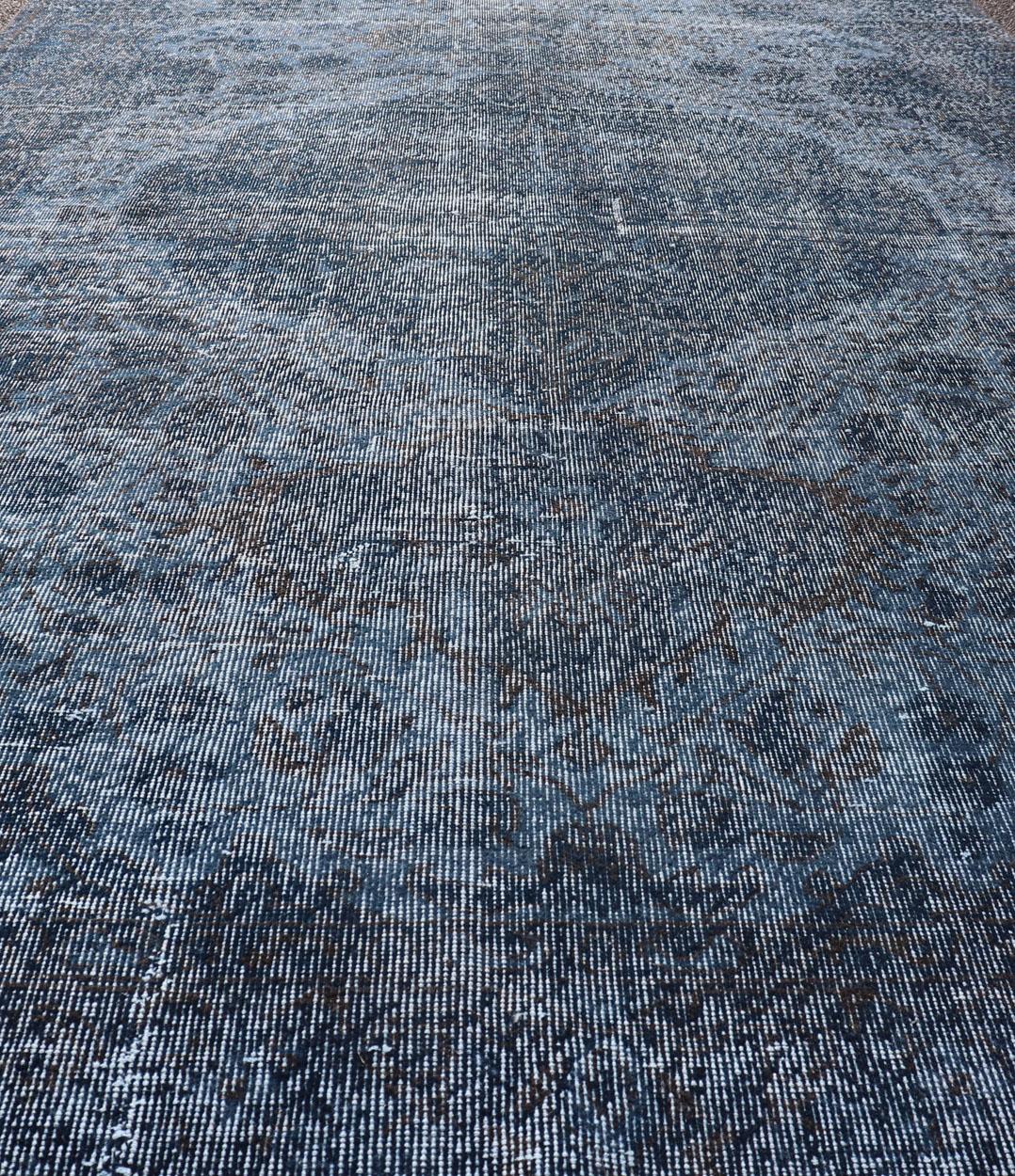 Vintage Hand Knotted Turkish Overdyed Oushak Rug in Dark Blue and Charcoal For Sale 2