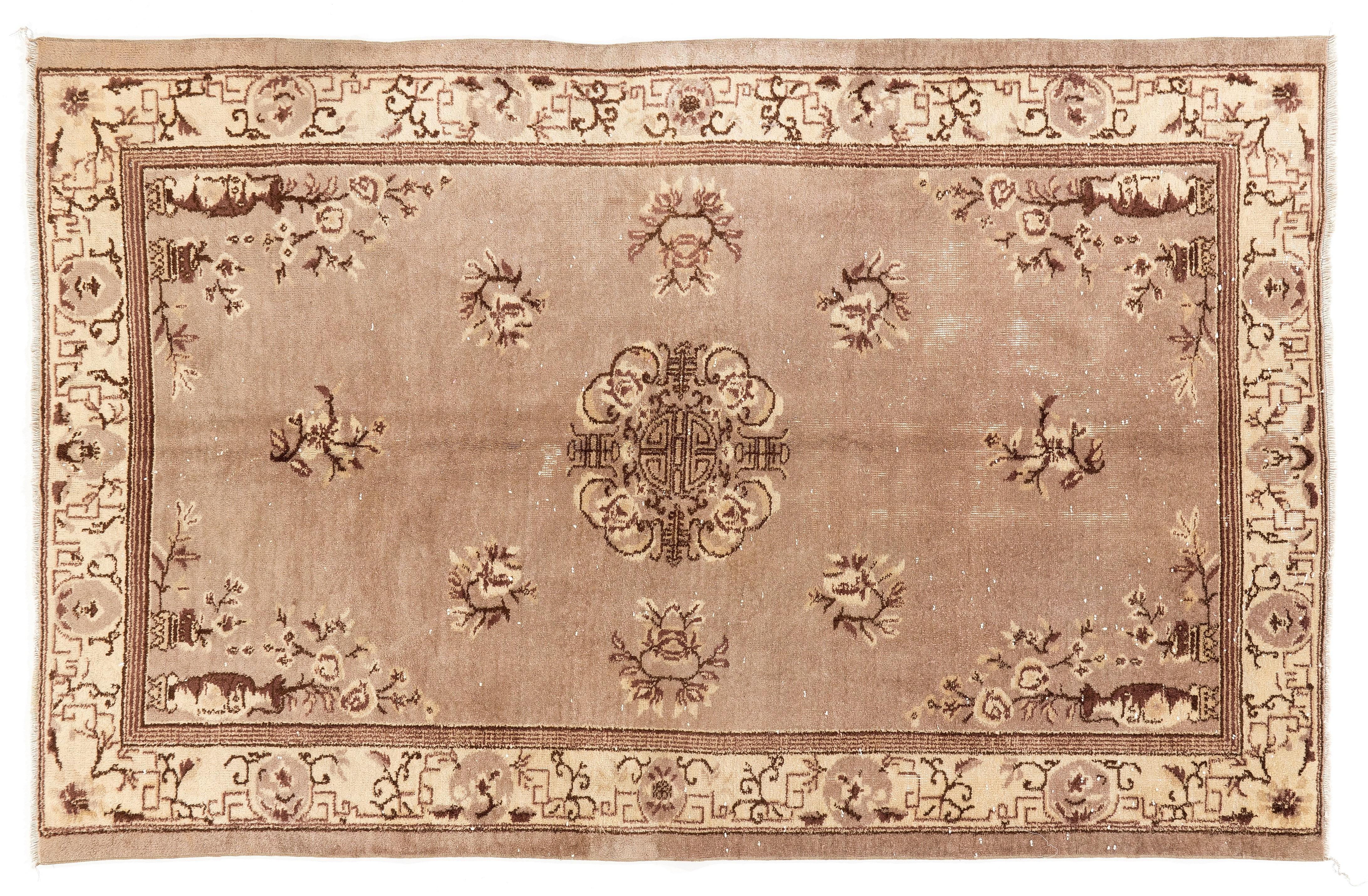5.2x8 Ft Art Deco Chinese Rug in Soft Faded Taupe, Brown and Beige Colors In Good Condition For Sale In Spring Valley, NY