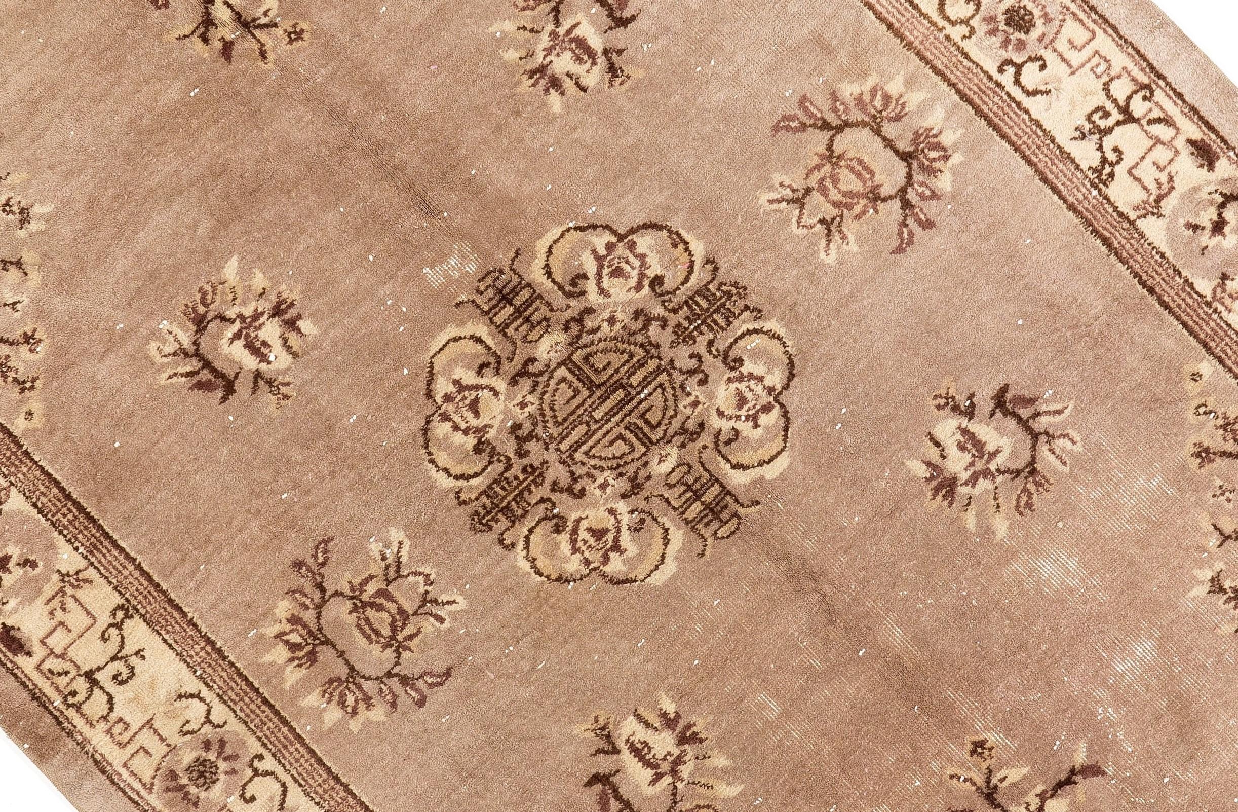 Hand-Knotted 5.2x8 Ft Art Deco Chinese Rug in Soft Faded Taupe, Brown and Beige Colors For Sale