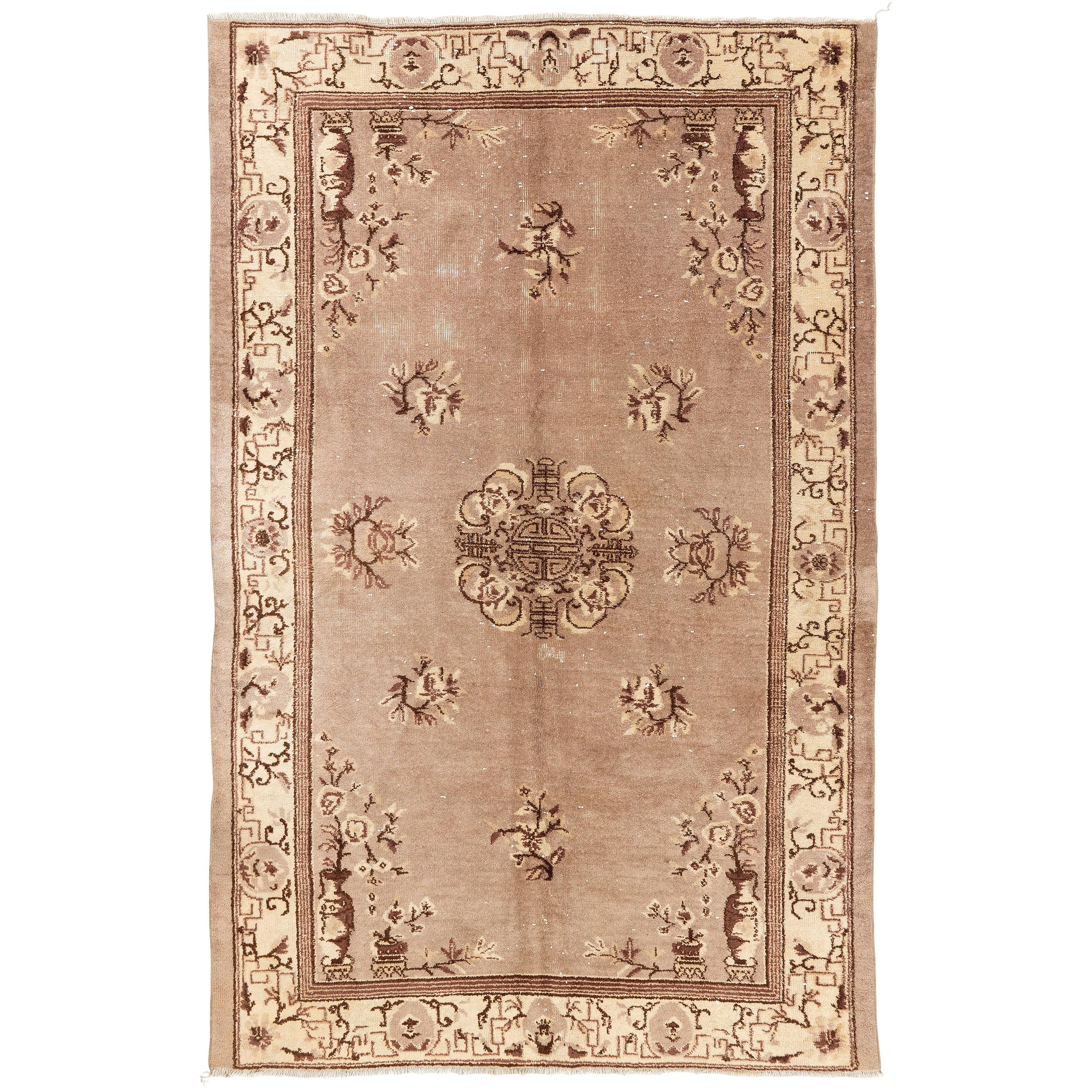 5.2x8 Ft Art Deco Chinese Rug in Soft Faded Taupe, Brown and Beige Colors