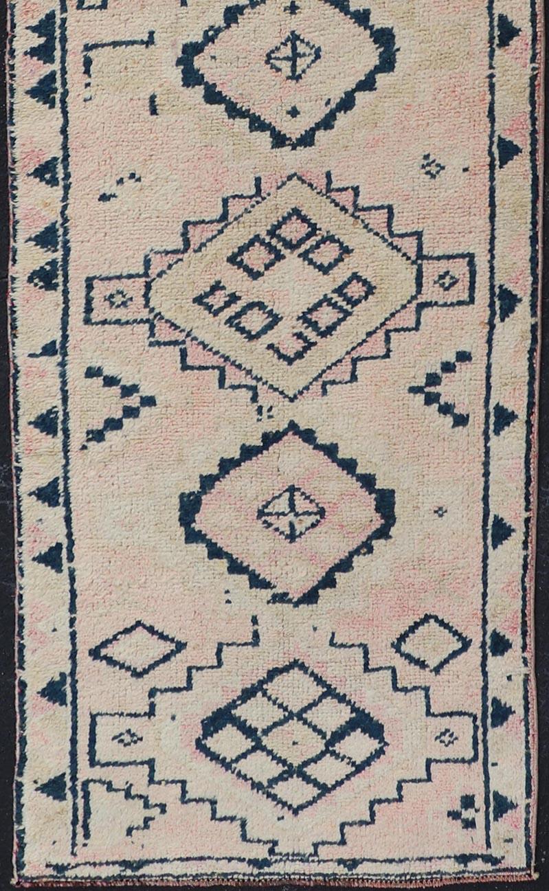 Vintage Hand Knotted Turkish Runner with Tribal Design in Muted Tones  In Good Condition For Sale In Atlanta, GA