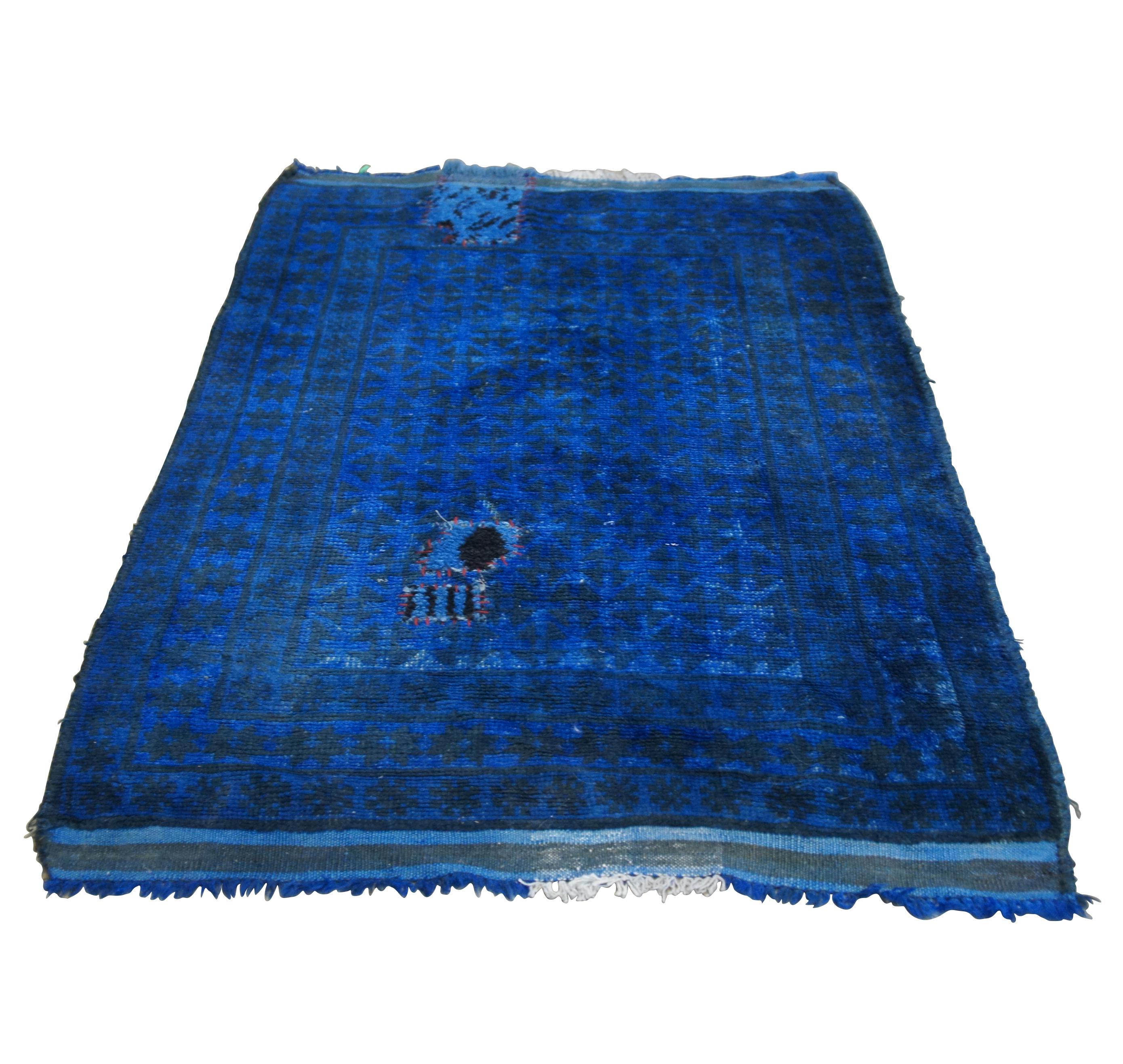 Islamic Vintage Pakistani Balouch Hand Knotted Wool Blue Geometric Prayer Rug Area Mat For Sale