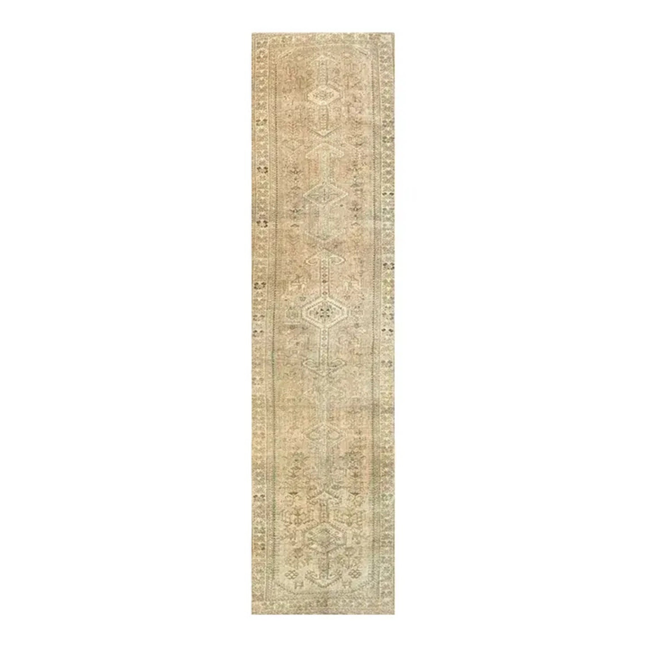 Antiker, handgeknüpfter persischer Shiraz-Läufer aus Wolle mit geometrischen Stammesmotiven im Angebot