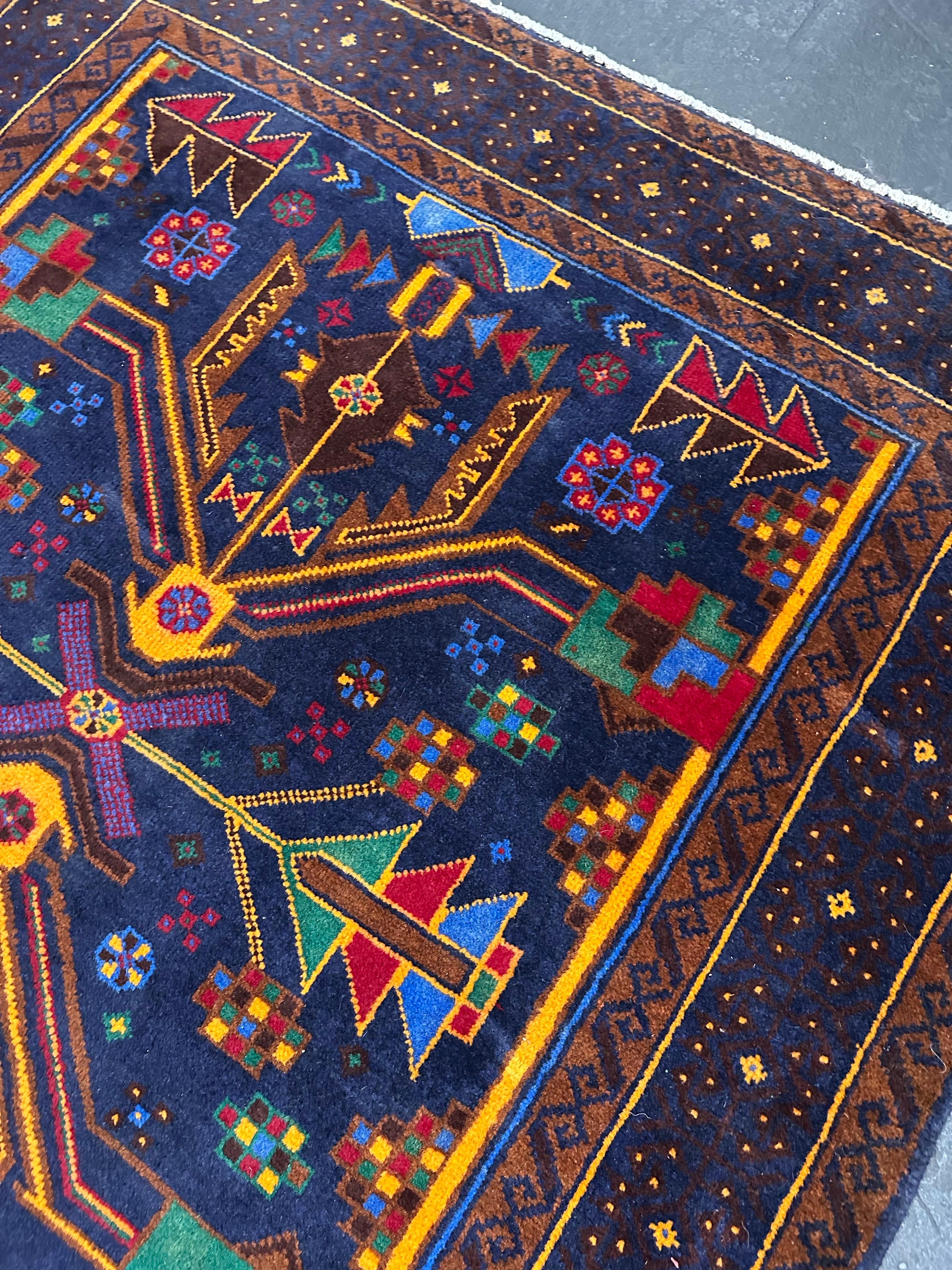 Tribal Tapis géométrique tribal afghan en laine nouée à la main 3'7 x 6'4 en vente