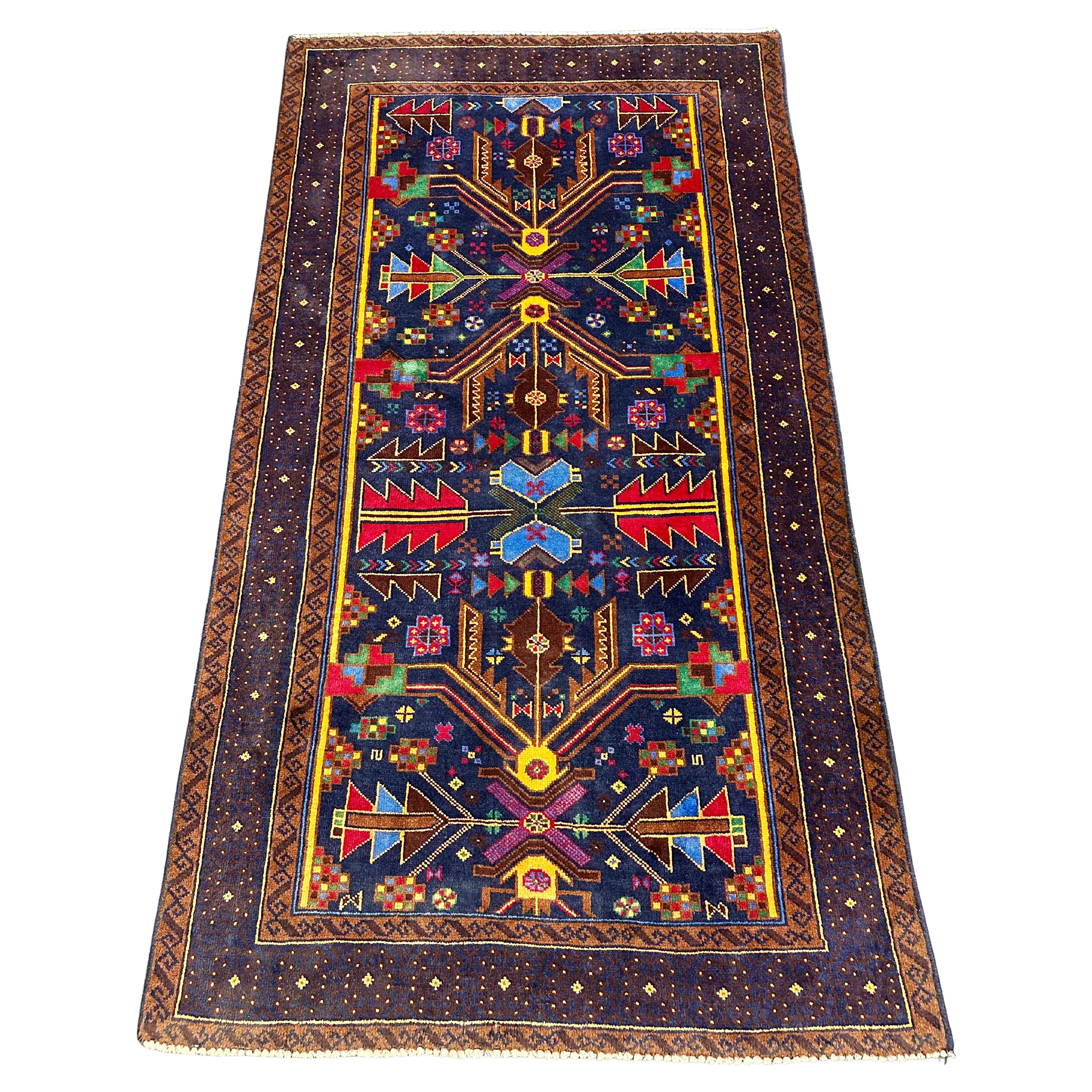 Vintage Hand Knotted Wool Vibrant Tone Afghan Tribal Geometric Rug 3’7” x 6’4”