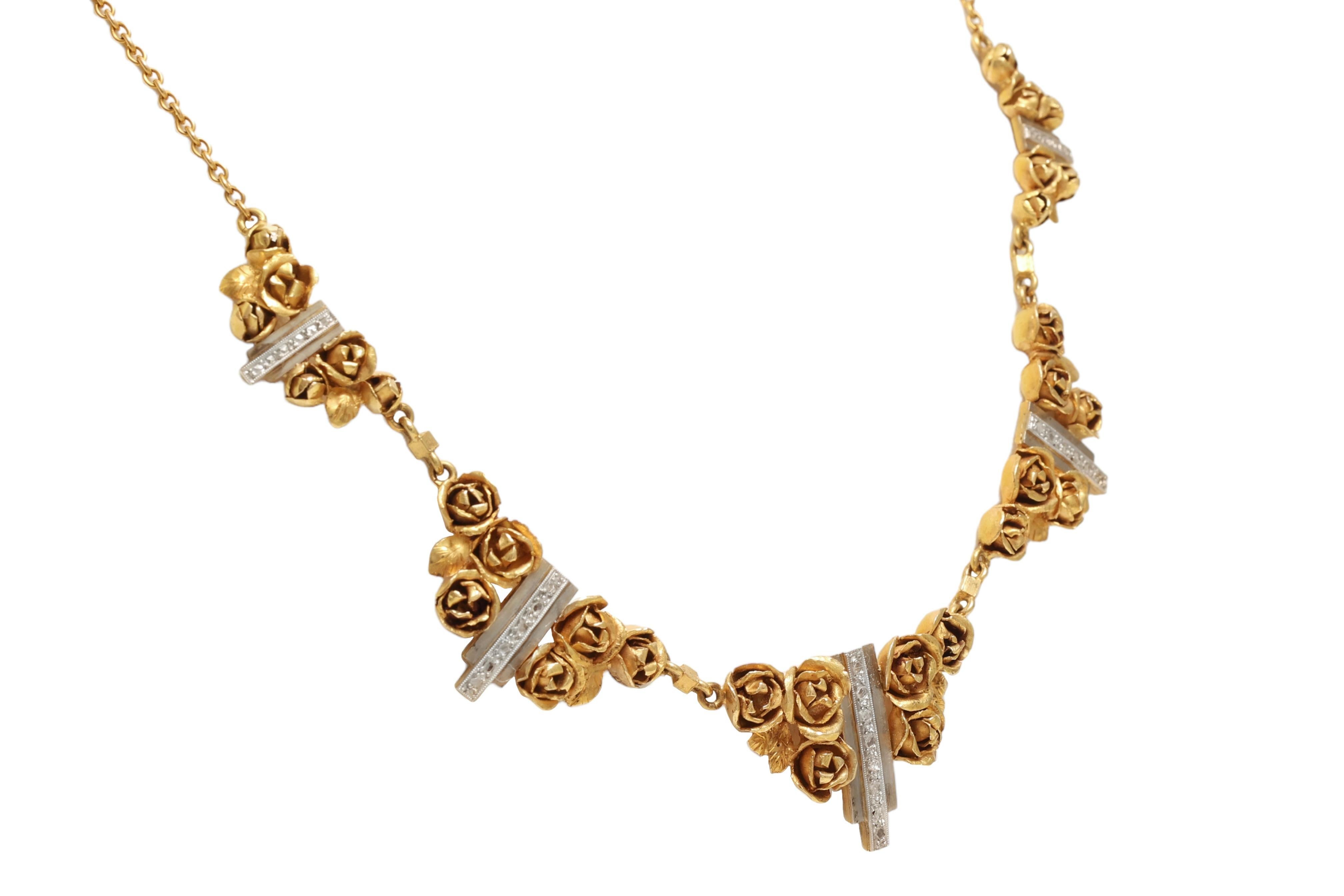 Art Nouveau Vintage Hand Made 18 kt. Yellow Gold Necklace Depicting Roses and Diamond Set For Sale