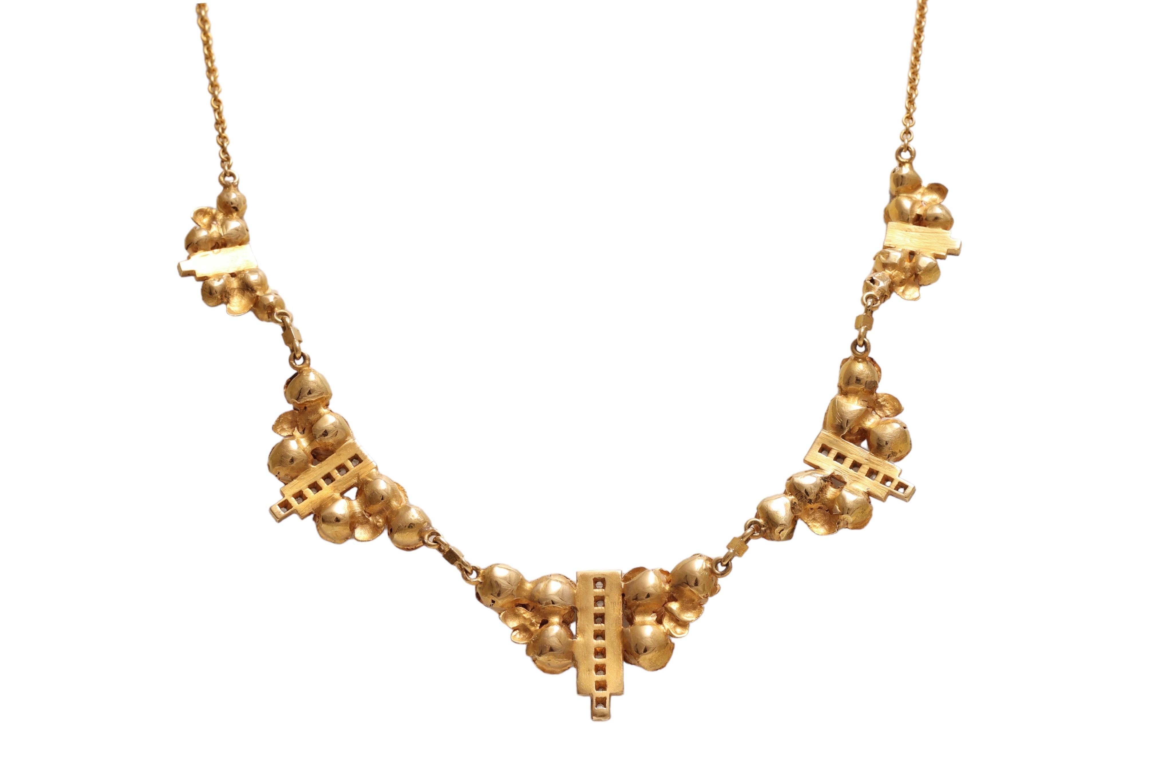Women's or Men's Vintage Hand Made 18 kt. Yellow Gold Necklace Depicting Roses and Diamond Set For Sale