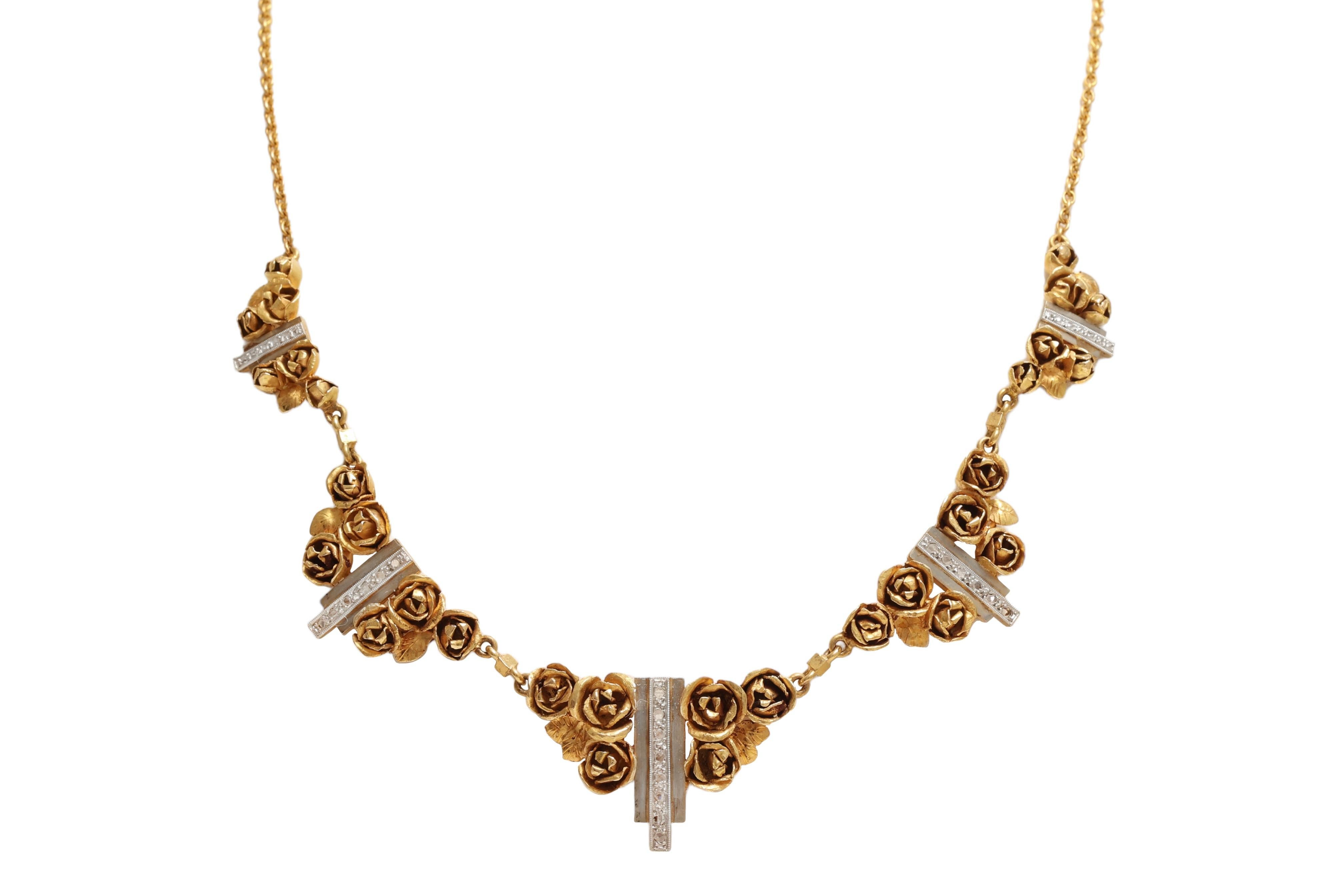 Vintage Hand Made 18 kt. Yellow Gold Necklace Depicting Roses and Diamond Set For Sale 1