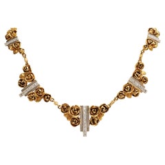 Vintage Hand Made 18 kt. Yellow Gold Necklace Depicting Roses and Diamond Set