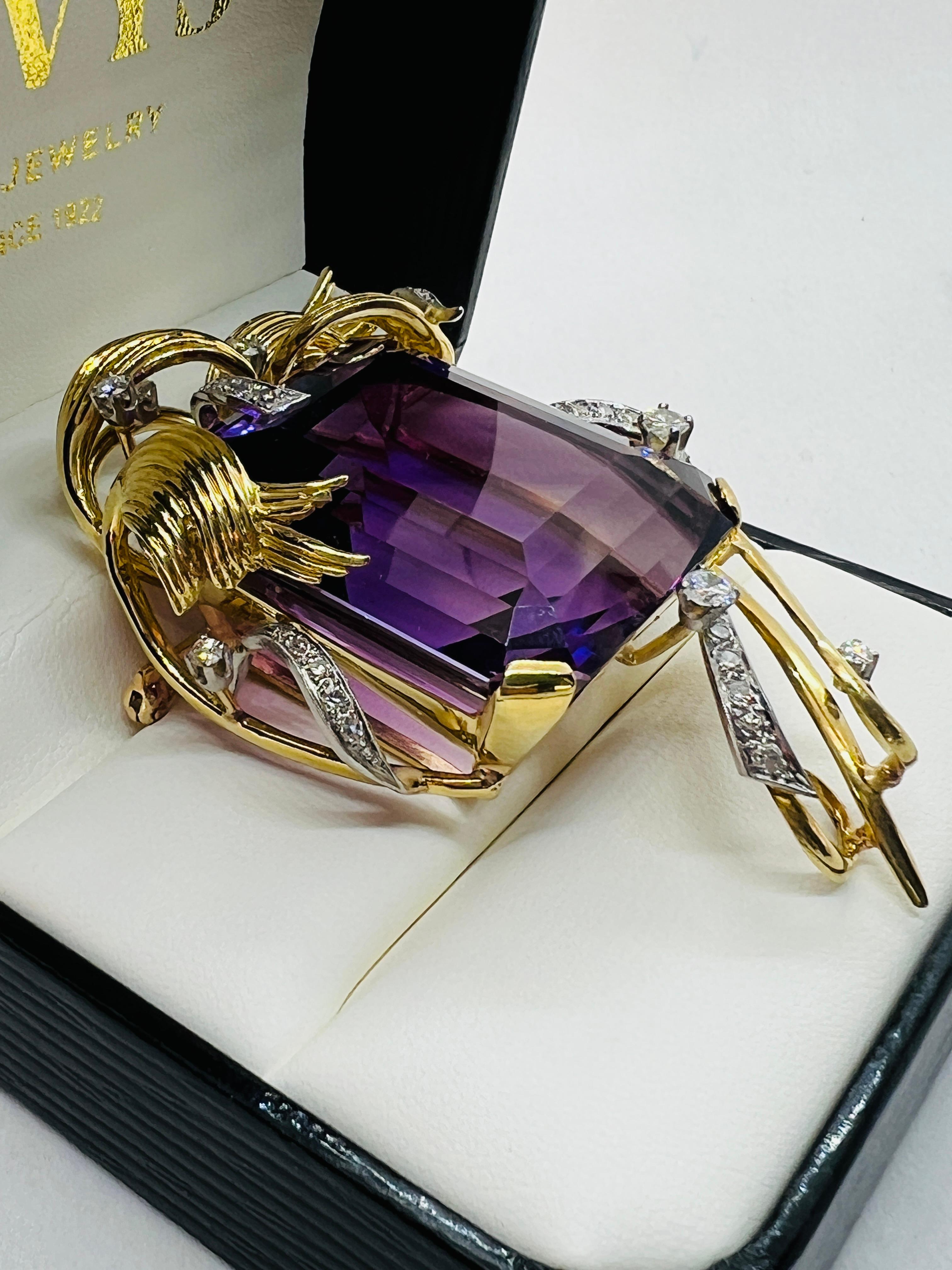 Modernist Vintage Hand Made 18K Yellow Gold Amethyst and Diamond Brooch For Sale