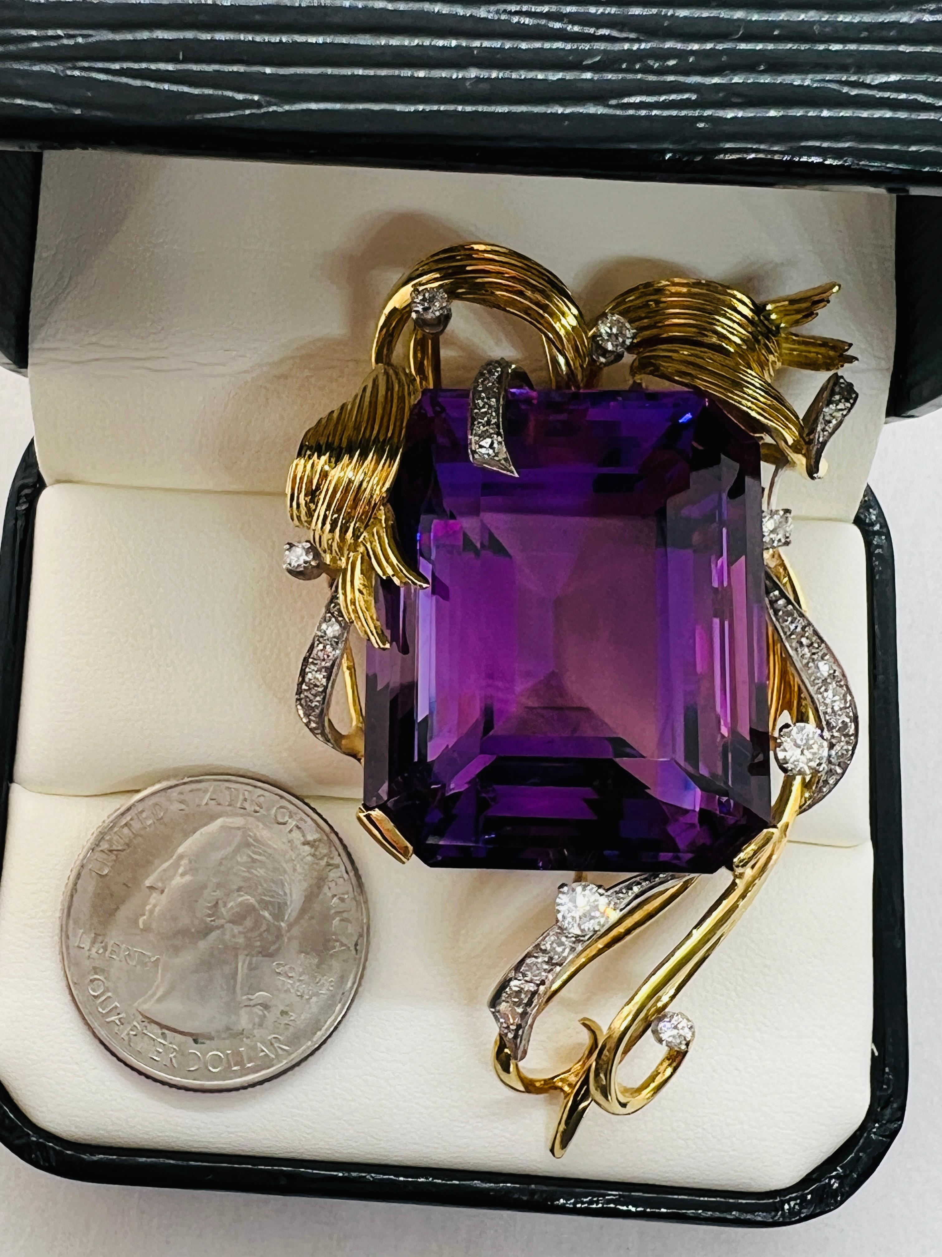 Vintage Hand Made 18K Yellow Gold Amethyst and Diamond Brooch In Excellent Condition For Sale In Birmingham, AL