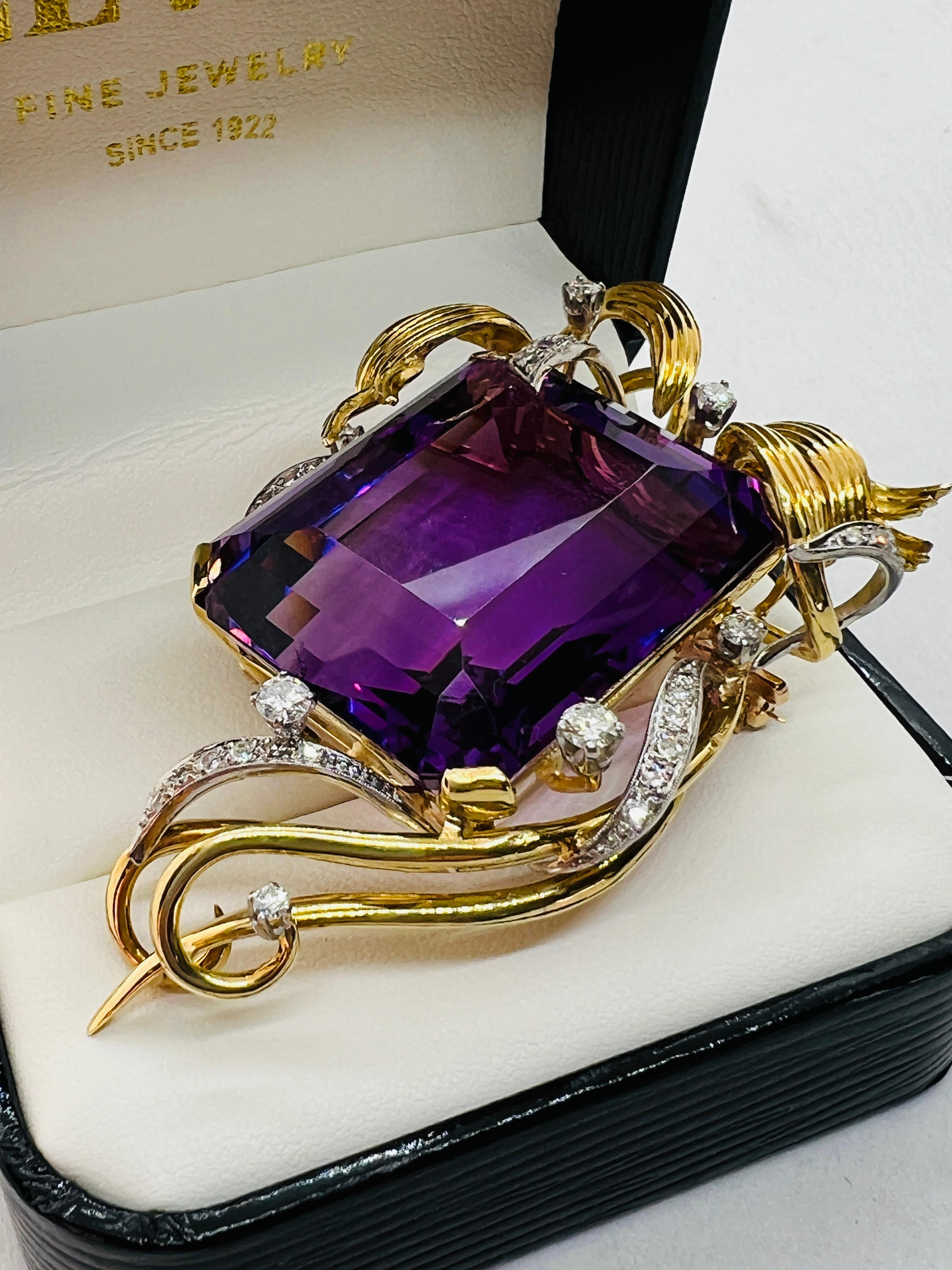 Vintage Hand Made 18K Yellow Gold Amethyst and Diamond Brooch For Sale 1