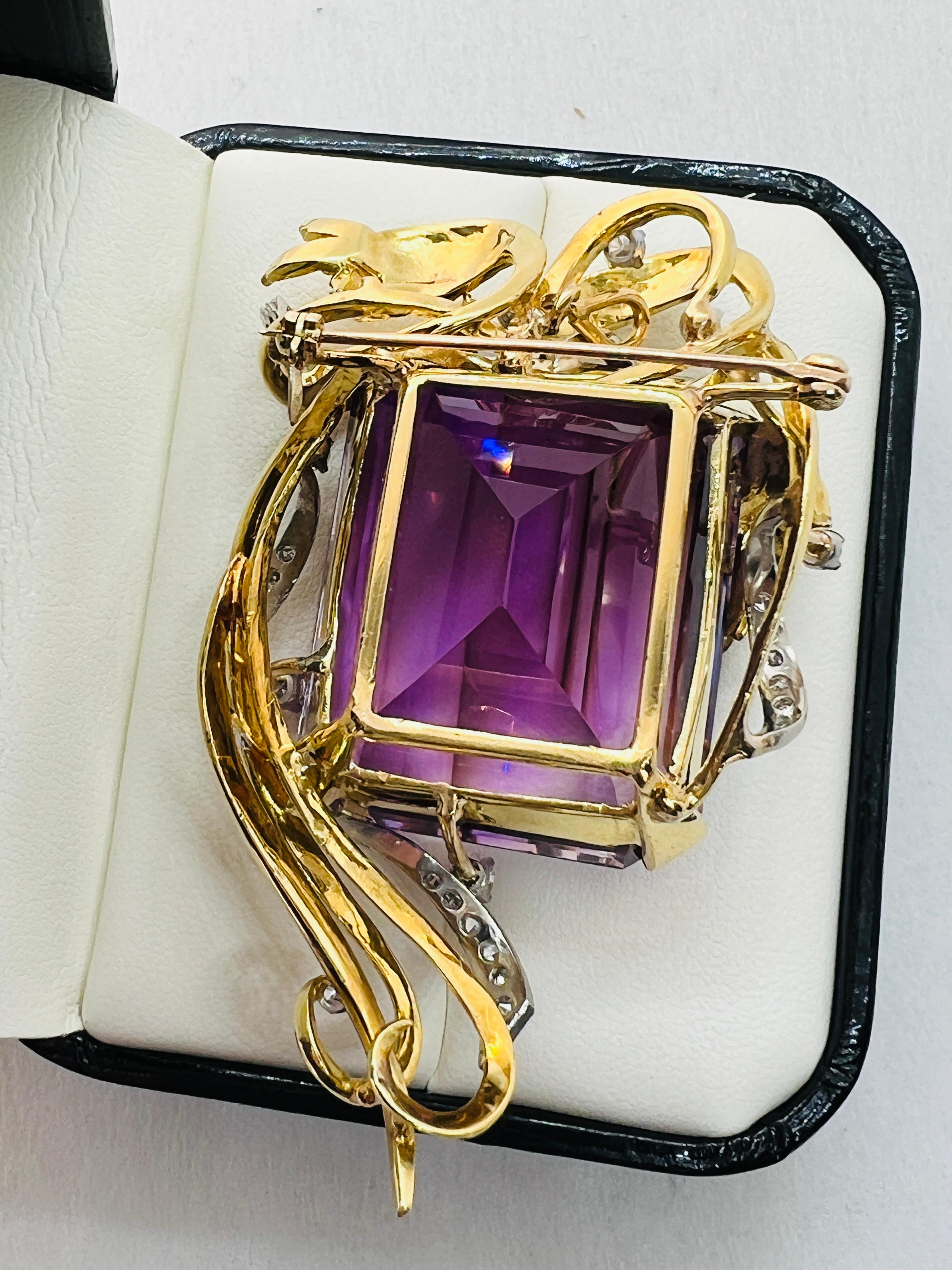 Vintage Hand Made 18K Yellow Gold Amethyst and Diamond Brooch For Sale 2