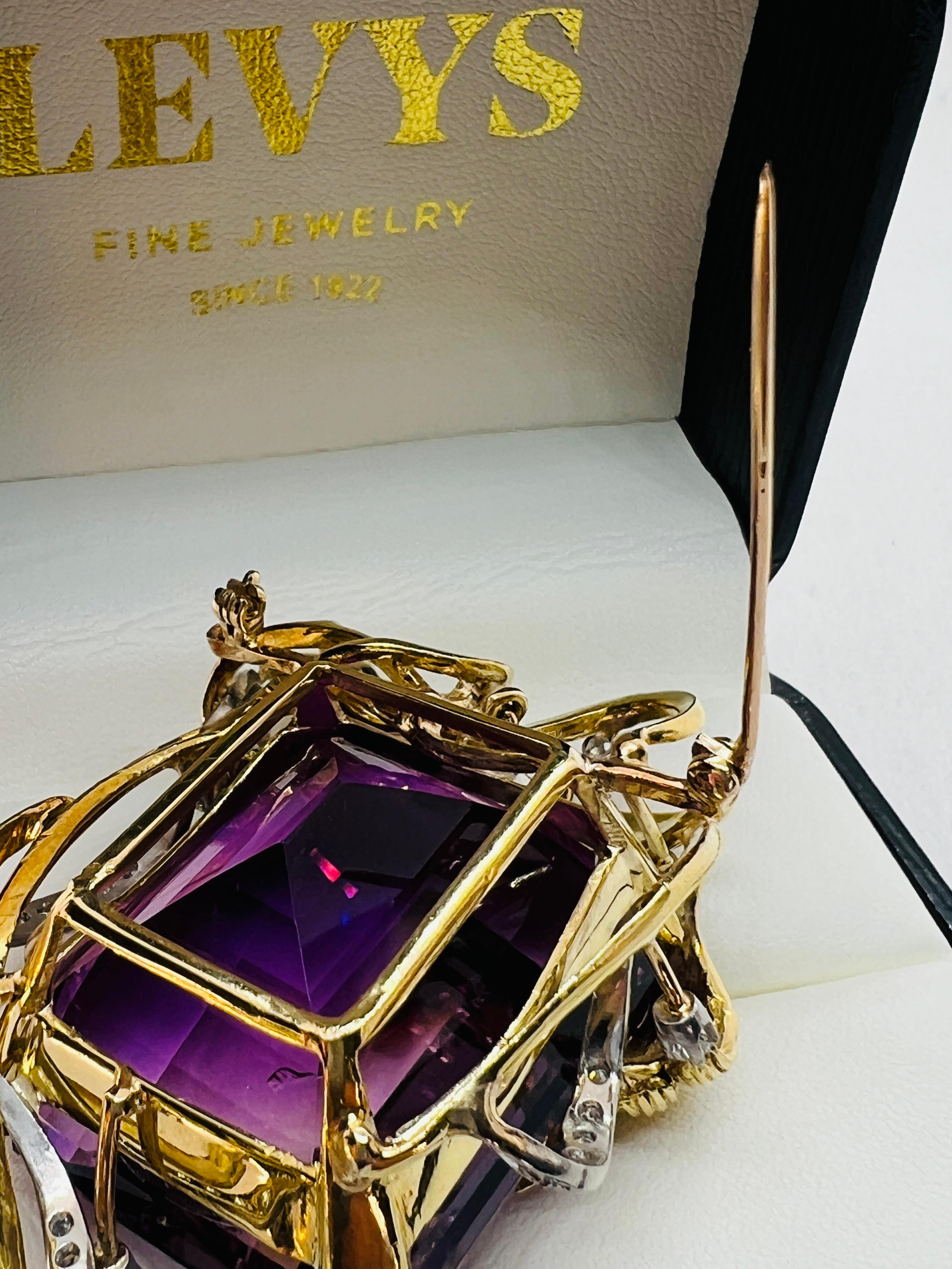 Vintage Hand Made 18K Yellow Gold Amethyst and Diamond Brooch For Sale 3