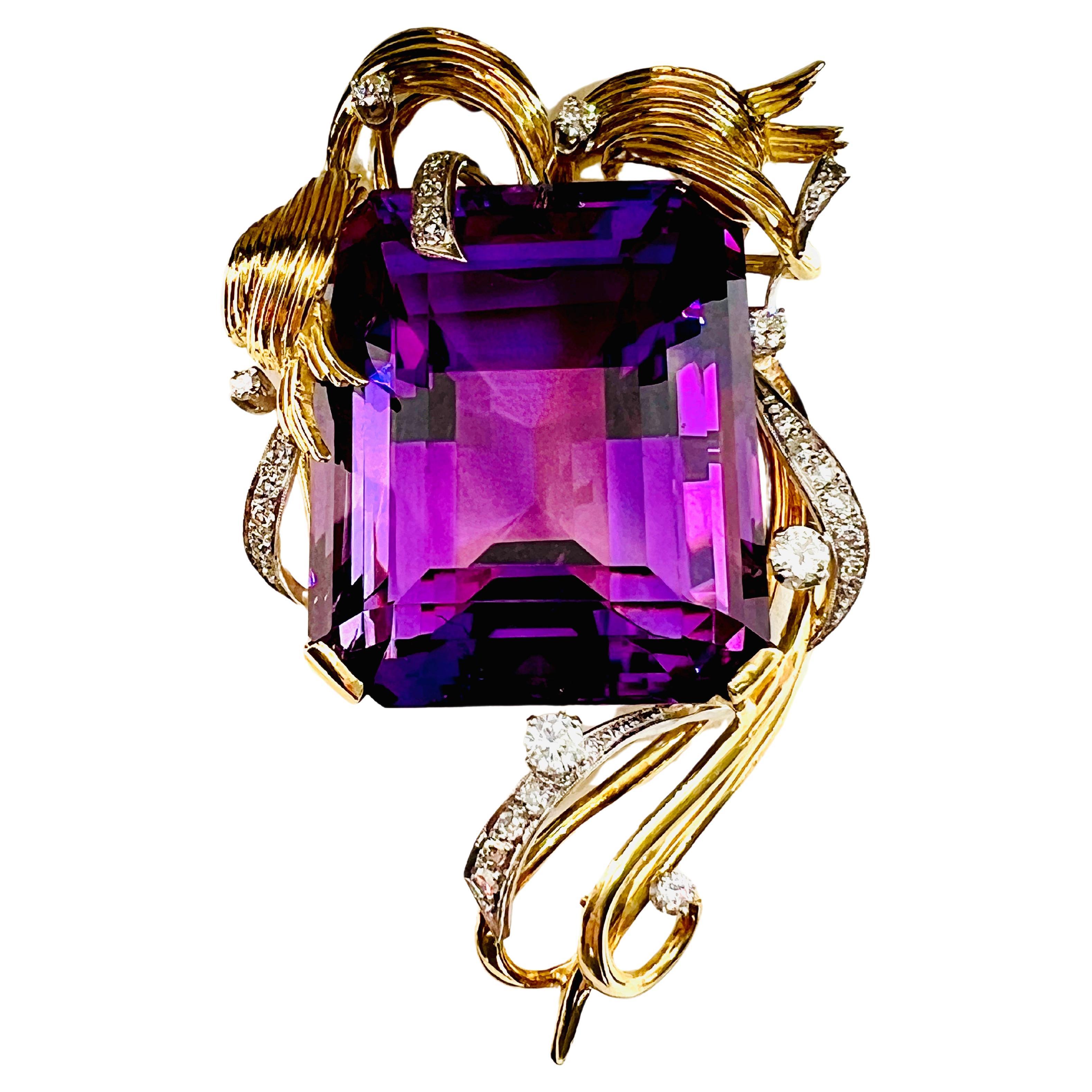 Vintage Hand Made 18K Yellow Gold Amethyst and Diamond Brooch For Sale