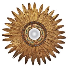 Vintage handgefertigter und handbemalter Sunburst-Spiegel, vergoldetes Holz