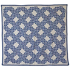Vintage Hand Made Cotton Patchwork Quilt in White and Blue, USA, 1920's