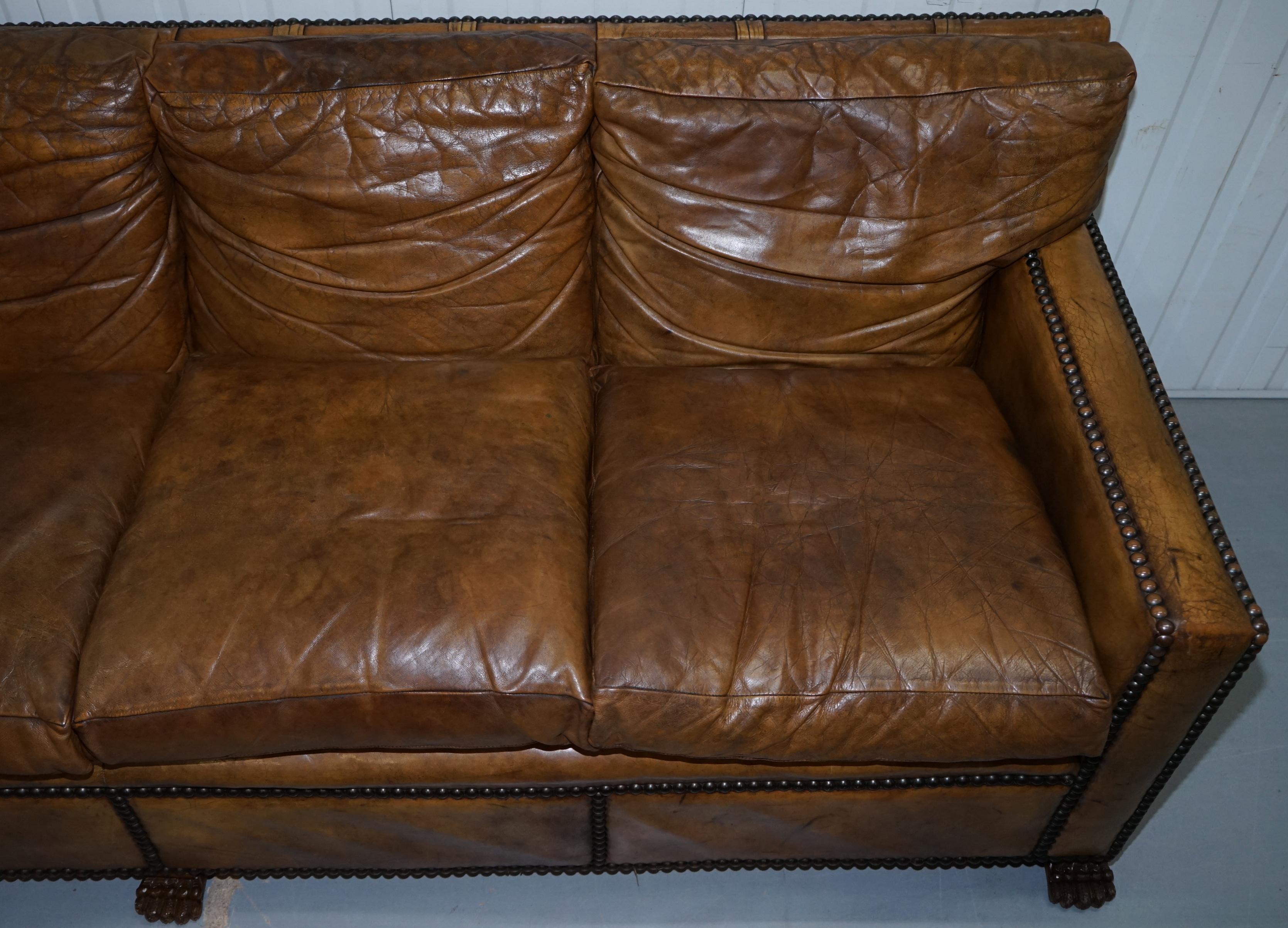 Vintage Handmade in Chelsea Brown Leather 4-Seat Sofa Lion Hairy Paw Feet 1