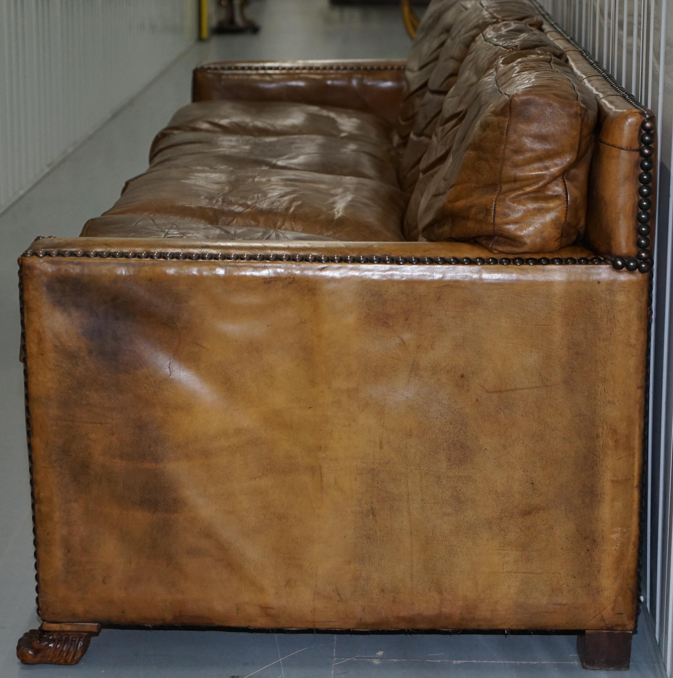 Vintage Handmade in Chelsea Brown Leather 4-Seat Sofa Lion Hairy Paw Feet 2