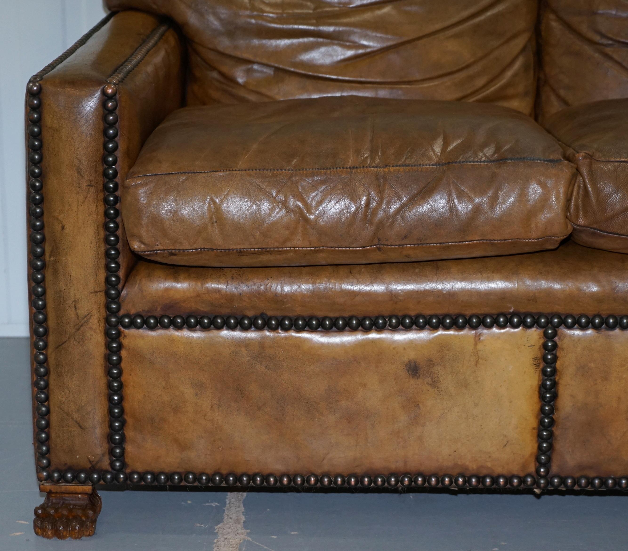 British Vintage Handmade in Chelsea Brown Leather 4-Seat Sofa Lion Hairy Paw Feet