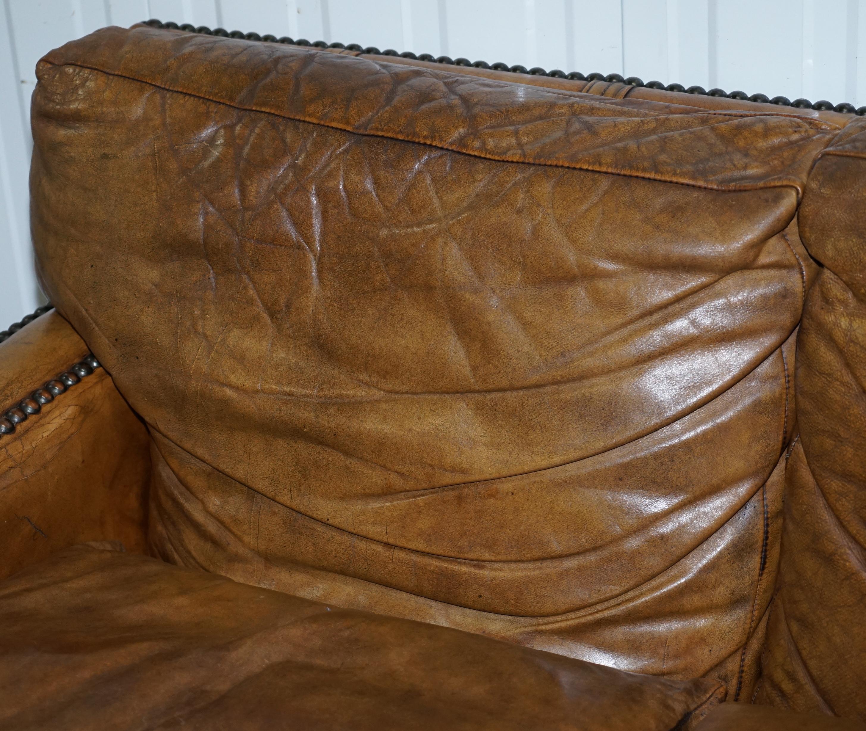 Hand-Crafted Vintage Handmade in Chelsea Brown Leather 4-Seat Sofa Lion Hairy Paw Feet