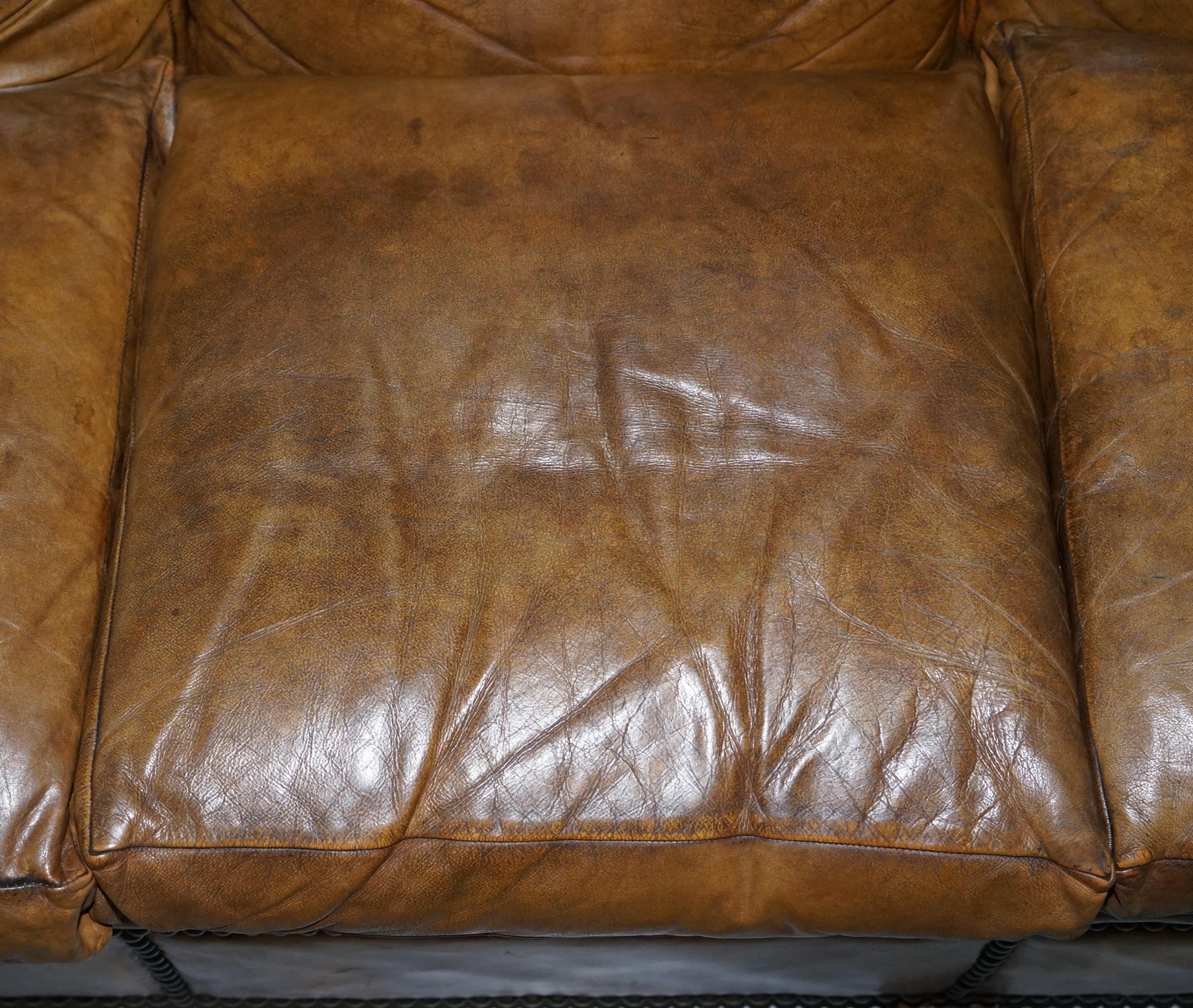 20th Century Vintage Handmade in Chelsea Brown Leather 4-Seat Sofa Lion Hairy Paw Feet