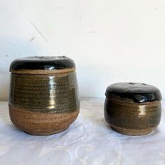 Vintage Hand Made Pottery Jars With Lids - 2 Pieces