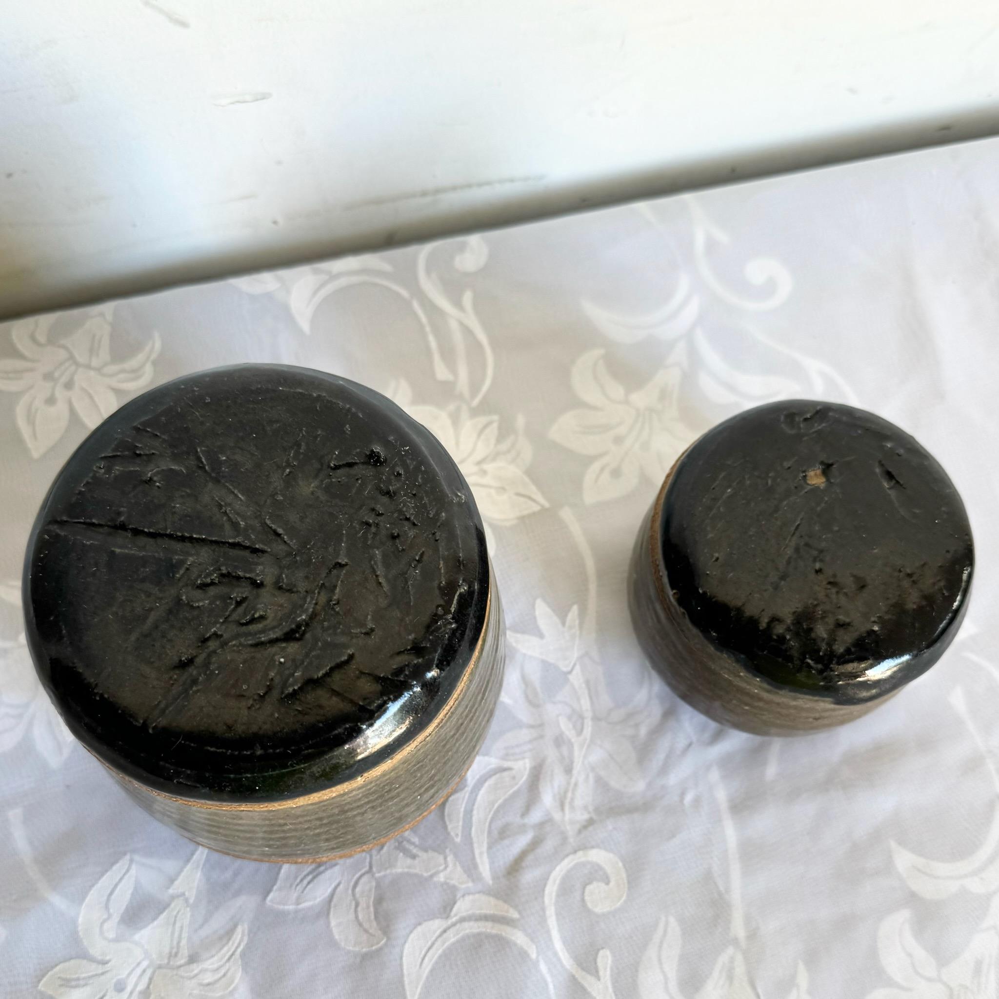 American Vintage Hand Made Pottery Jars With Lids - 2 Pieces For Sale