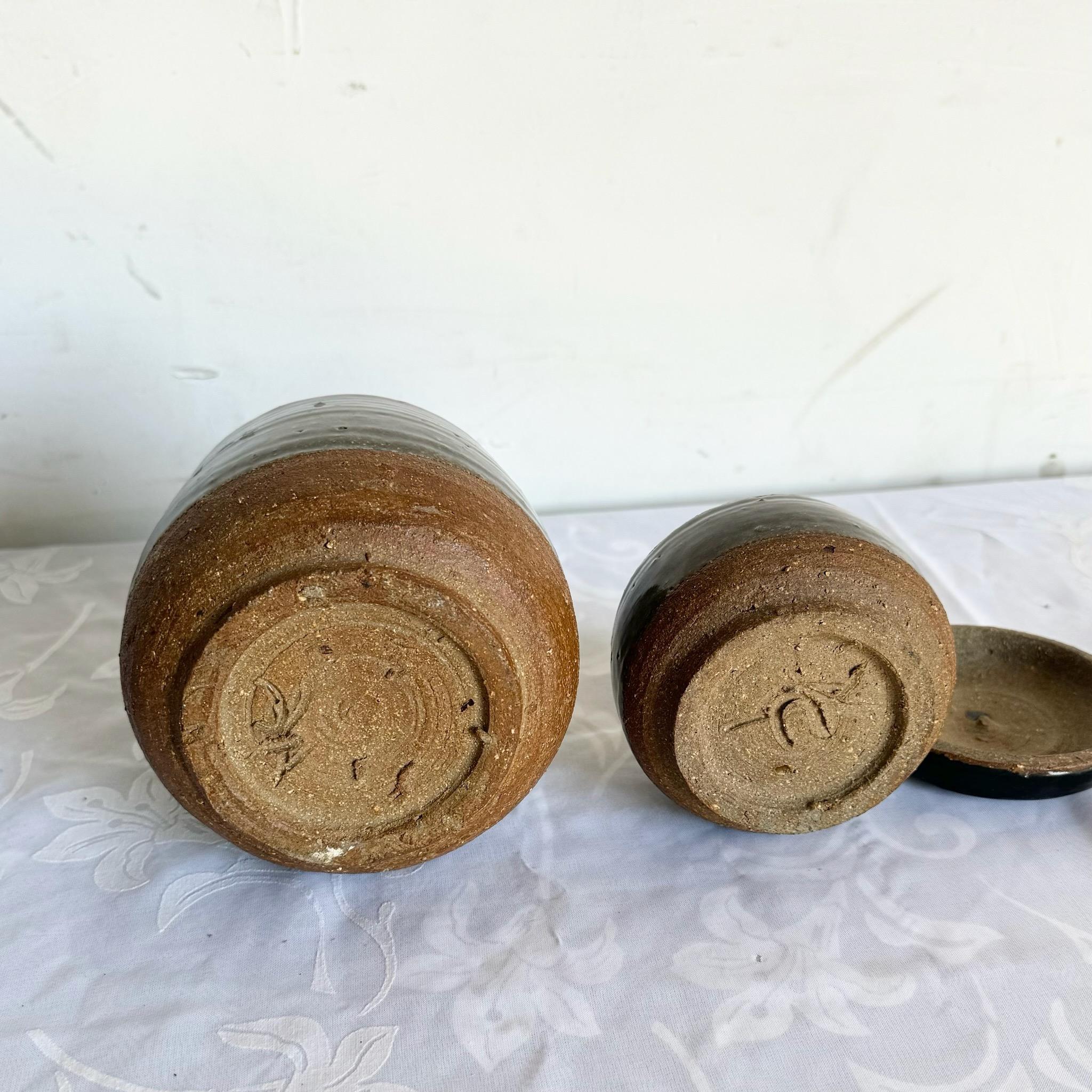 Vintage Hand Made Pottery Jars With Lids - 2 Pieces For Sale 1