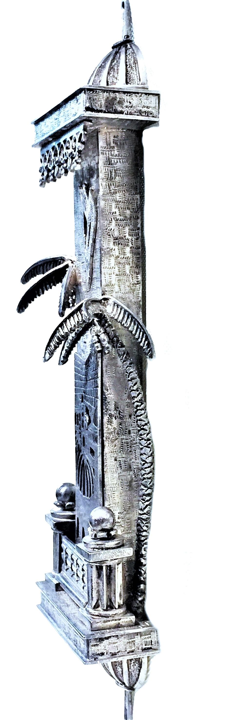 Probably made by private order (unmarked) in Israel in the 1970’s, besides exceptionally fine silversmith’s artisanship, the main feature of this vintage handmade sterling silver mezuzah is its absolutely unique and flawless composition. Just a