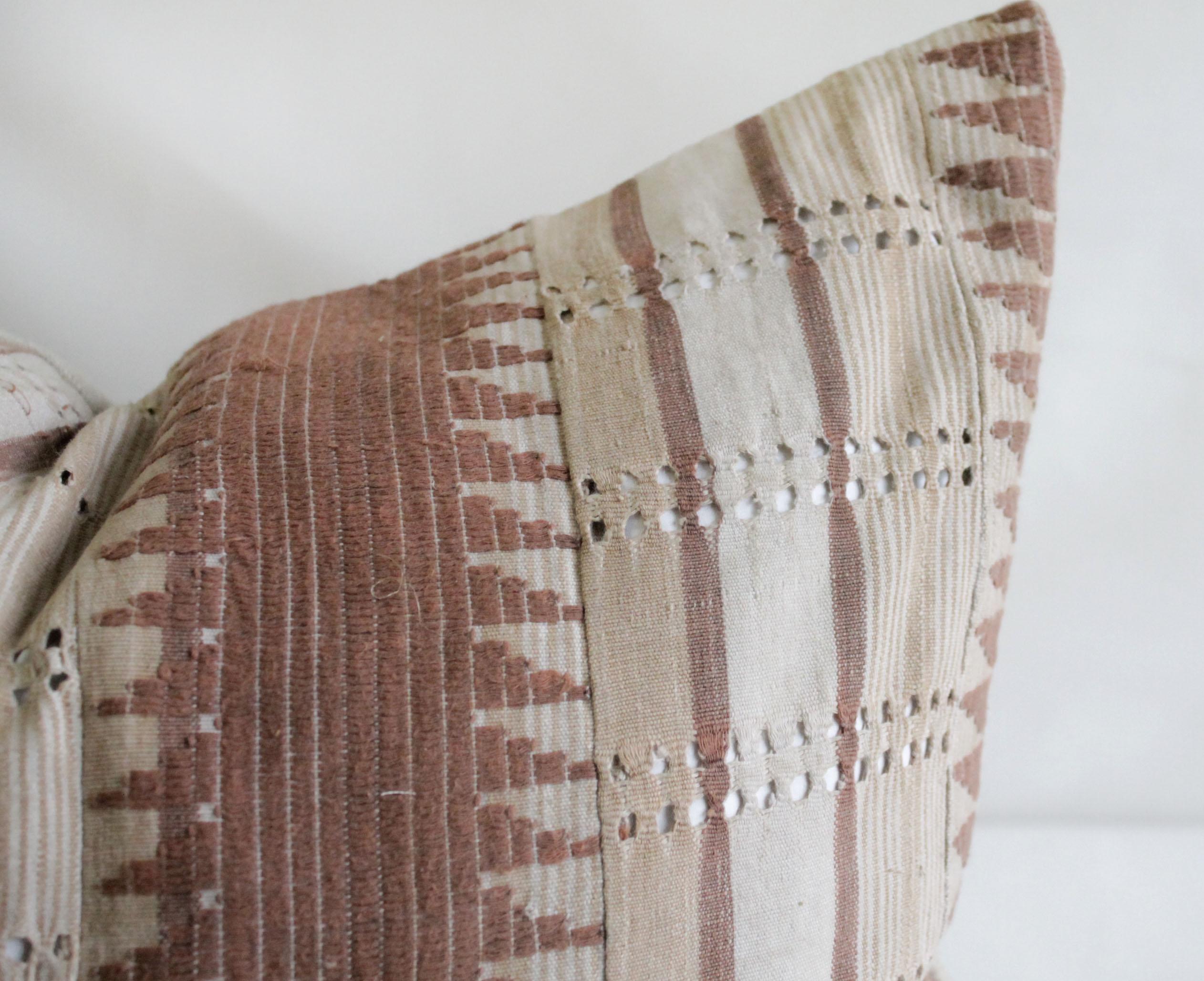 20th Century Vintage Handmade Tribal Block Linen Lumbar Pillow in Blush Mauve Tones