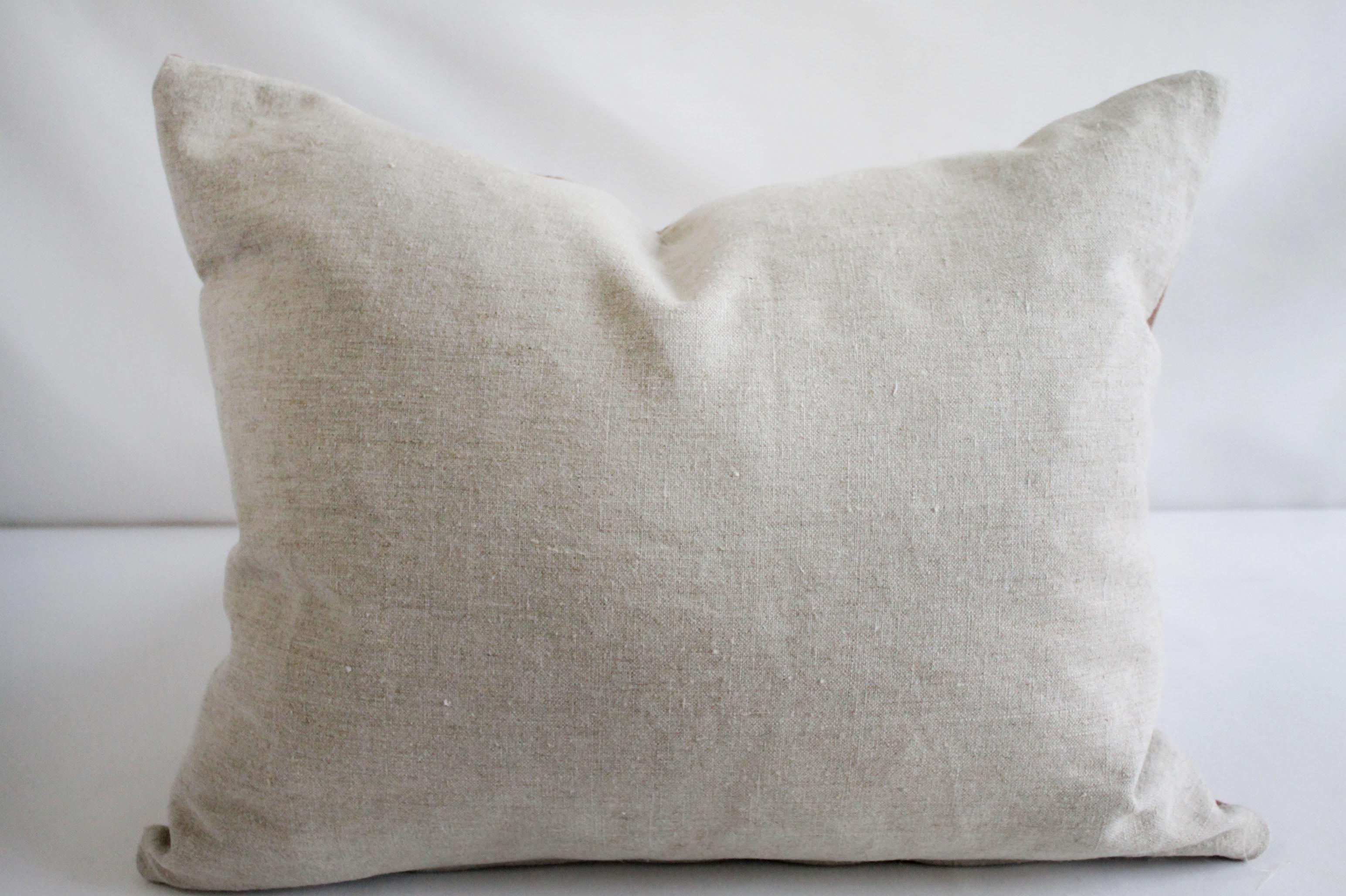 Vintage Handmade Tribal Block Linen Lumbar Pillow in Blush Mauve Tones 1