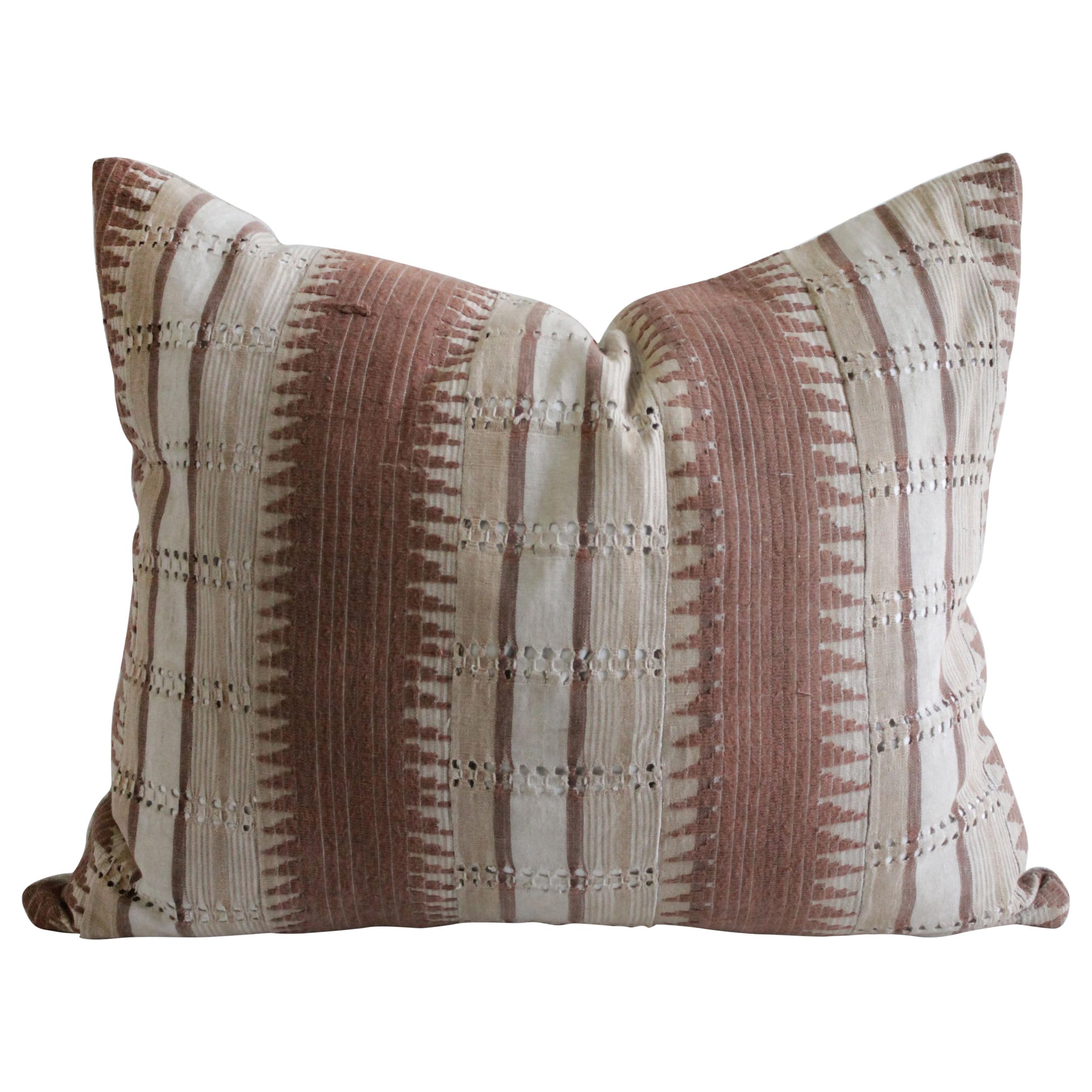 Vintage Handmade Tribal Block Linen Lumbar Pillow in Blush Mauve Tones