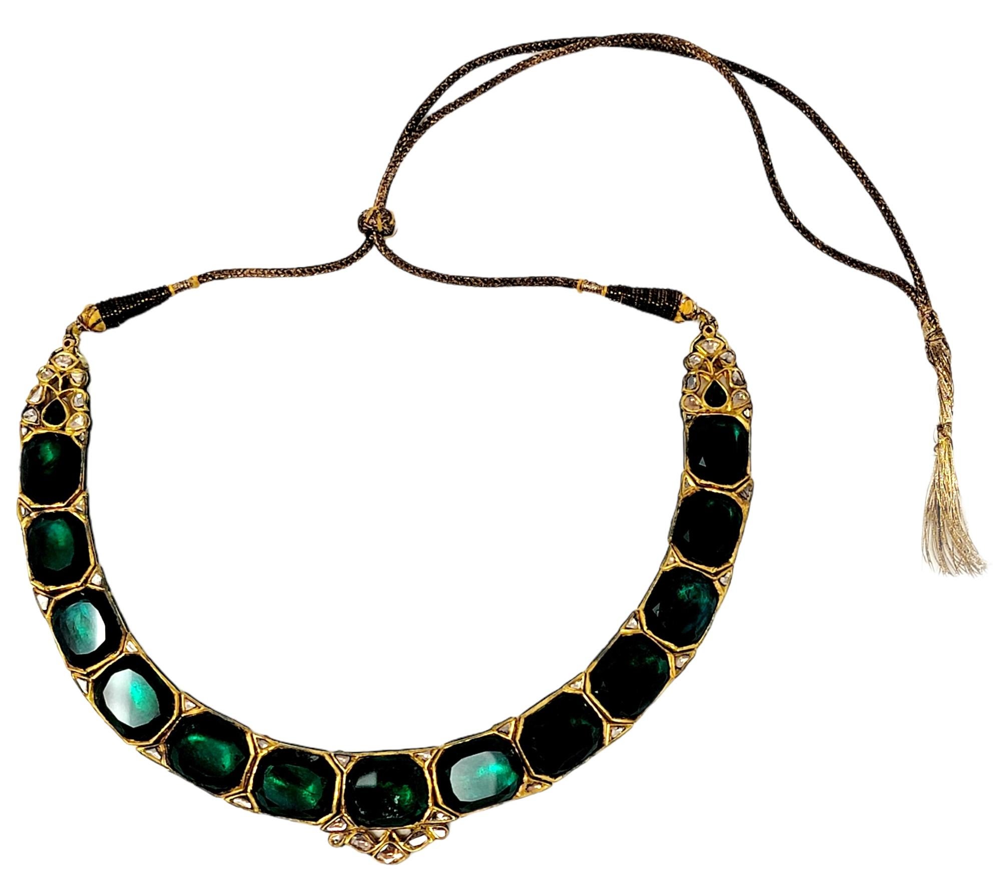 Rose Cut Vintage Hand Made Uncut Diamond and Green Glass Polki Necklace in 18 Karat Gold For Sale