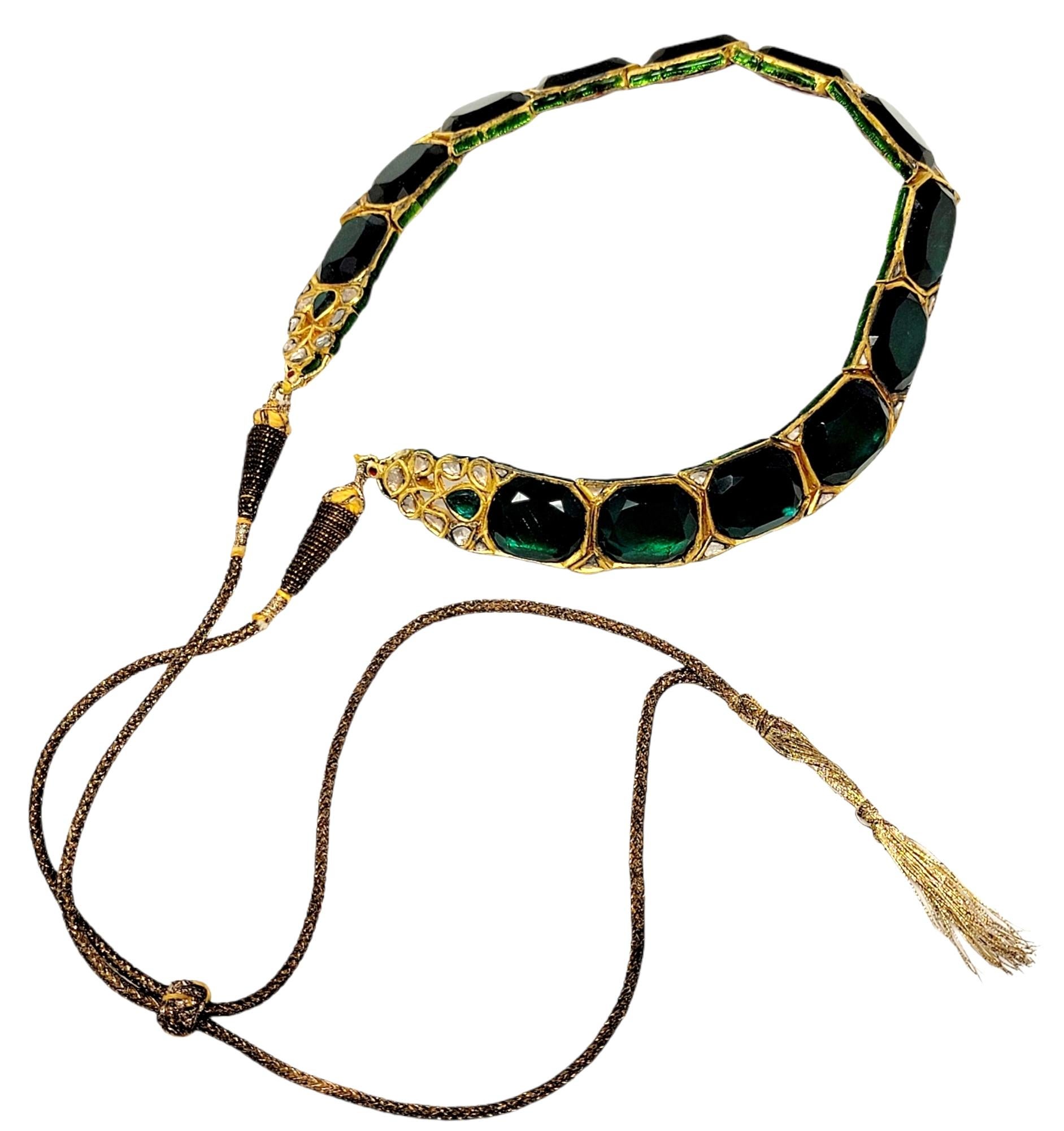 Vintage Hand Made Uncut Diamond and Green Glass Polki Necklace in 18 Karat Gold In Good Condition For Sale In Scottsdale, AZ