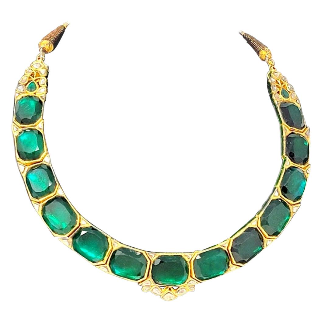 Vintage Hand Made Uncut Diamond and Green Glass Polki Necklace in 18 Karat Gold For Sale