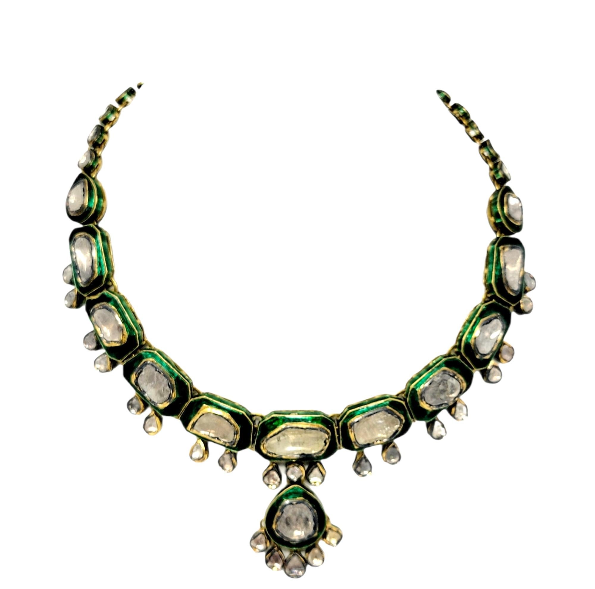 Vintage Hand Made Uncut Diamond Polki Green Necklace in 18 Karat Yellow Gold For Sale 4