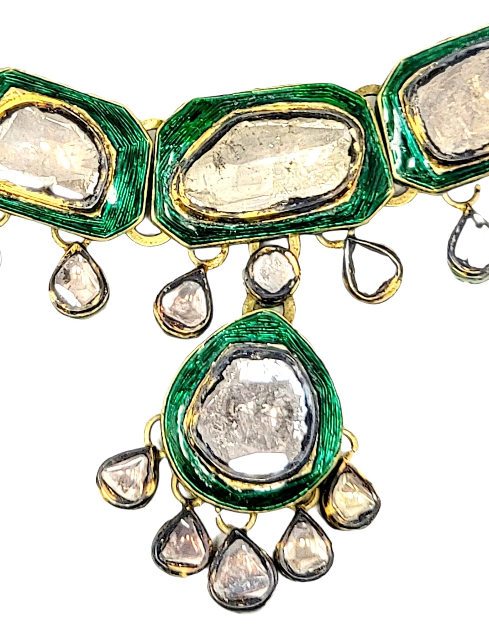 Collier vintage Polki Green en or jaune 18 carats et diamants non taillés, fabriqué à la main Bon état - En vente à Scottsdale, AZ