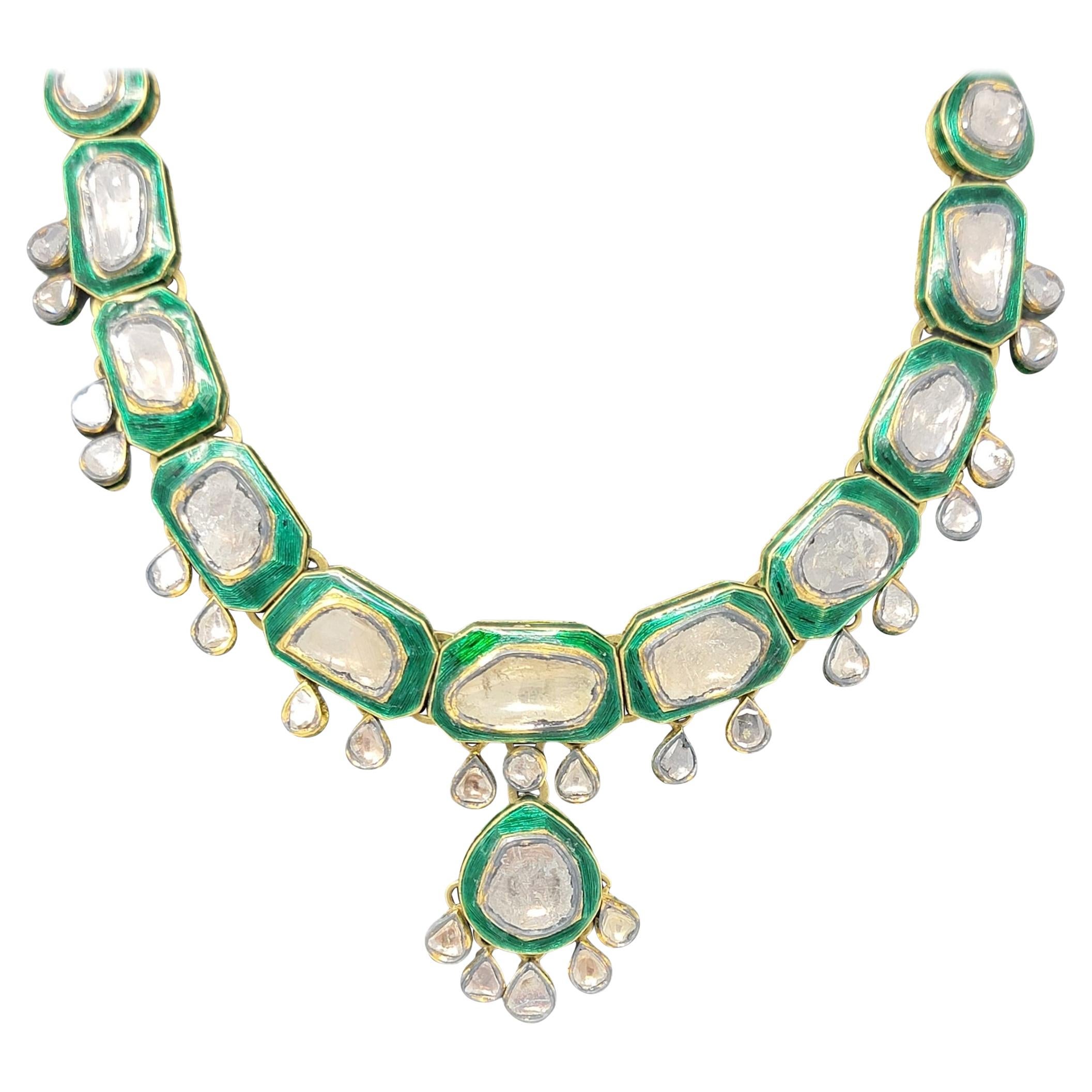 Vintage Hand Made Uncut Diamond Polki Green Necklace in 18 Karat Yellow Gold For Sale