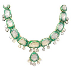 Vintage Hand Made Uncut Diamond Polki Green Necklace in 18 Karat Yellow Gold