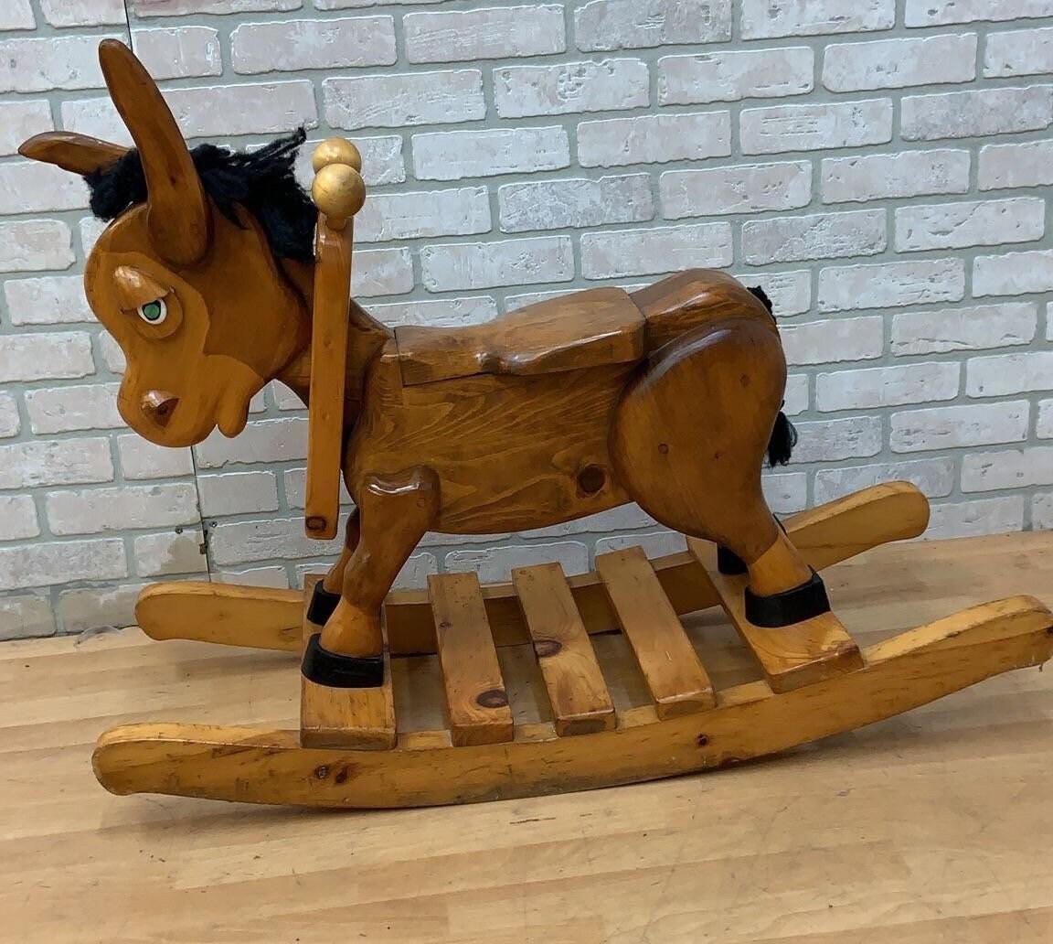 Arts and Crafts Vintage Hand Made Wood Carved Rocking Donkey For Sale
