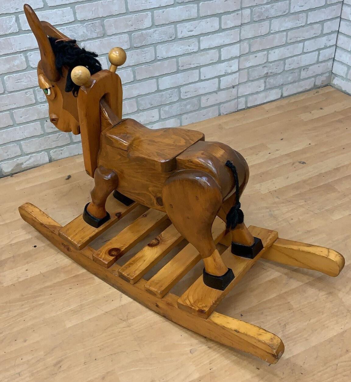 Hand-Crafted Vintage Hand Made Wood Carved Rocking Donkey For Sale