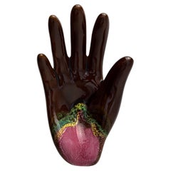 Vintage Hand Ornament, Brown Pink Glazed, Ceramic Dish, Vallauris c 1960s