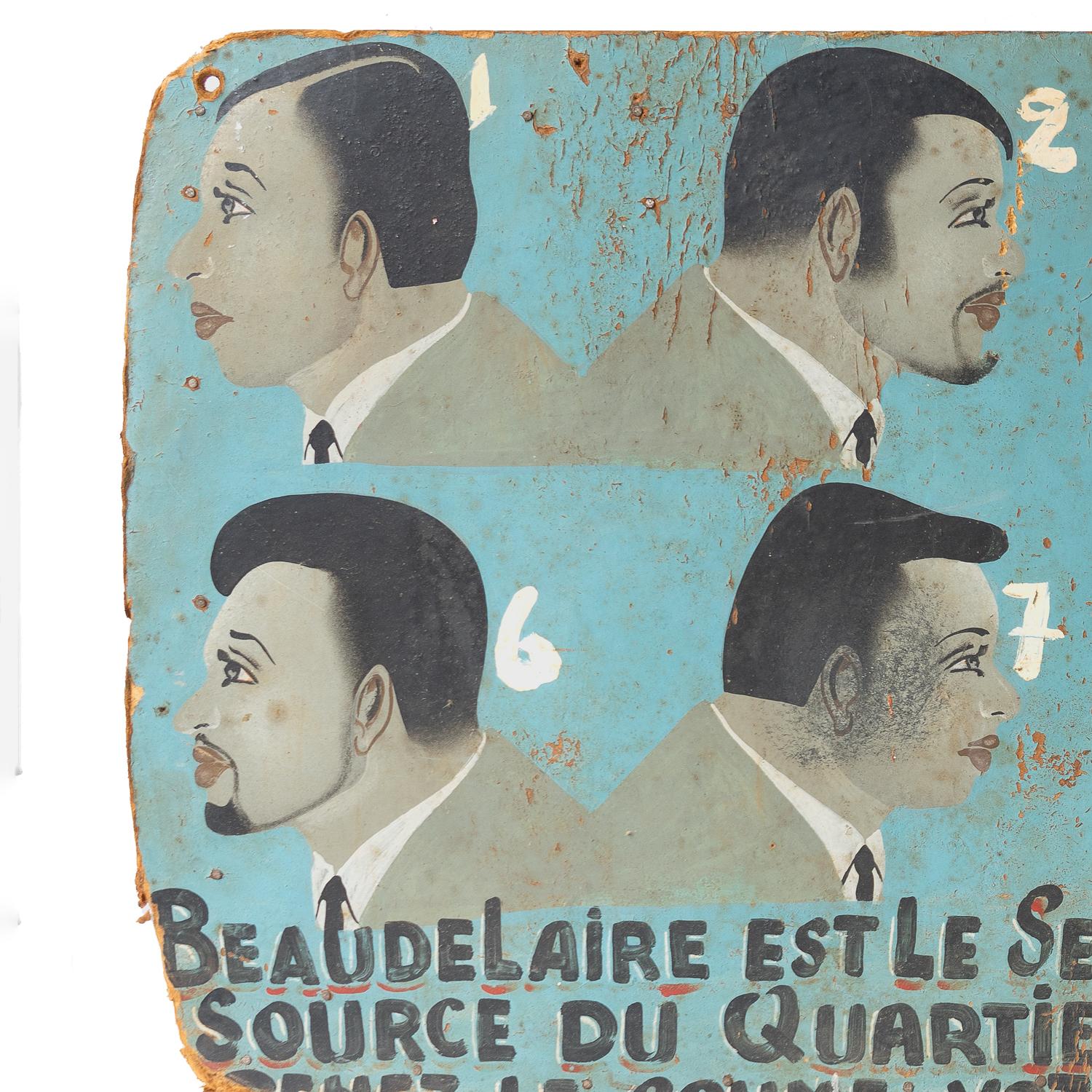 MID-CENTURY ADVERTISING 

Depicting ten different numbered looks for different haircuts to choose from at the barbershop.

Completely hand-painted in a wonderful folk art style with a monochrome palette on a blue background. 

Script in French