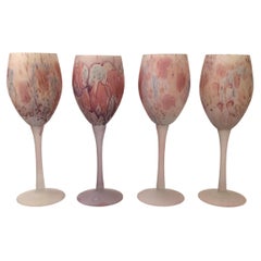 Vintage Hand Painted Art Glass Wine Glasses, Set of 4