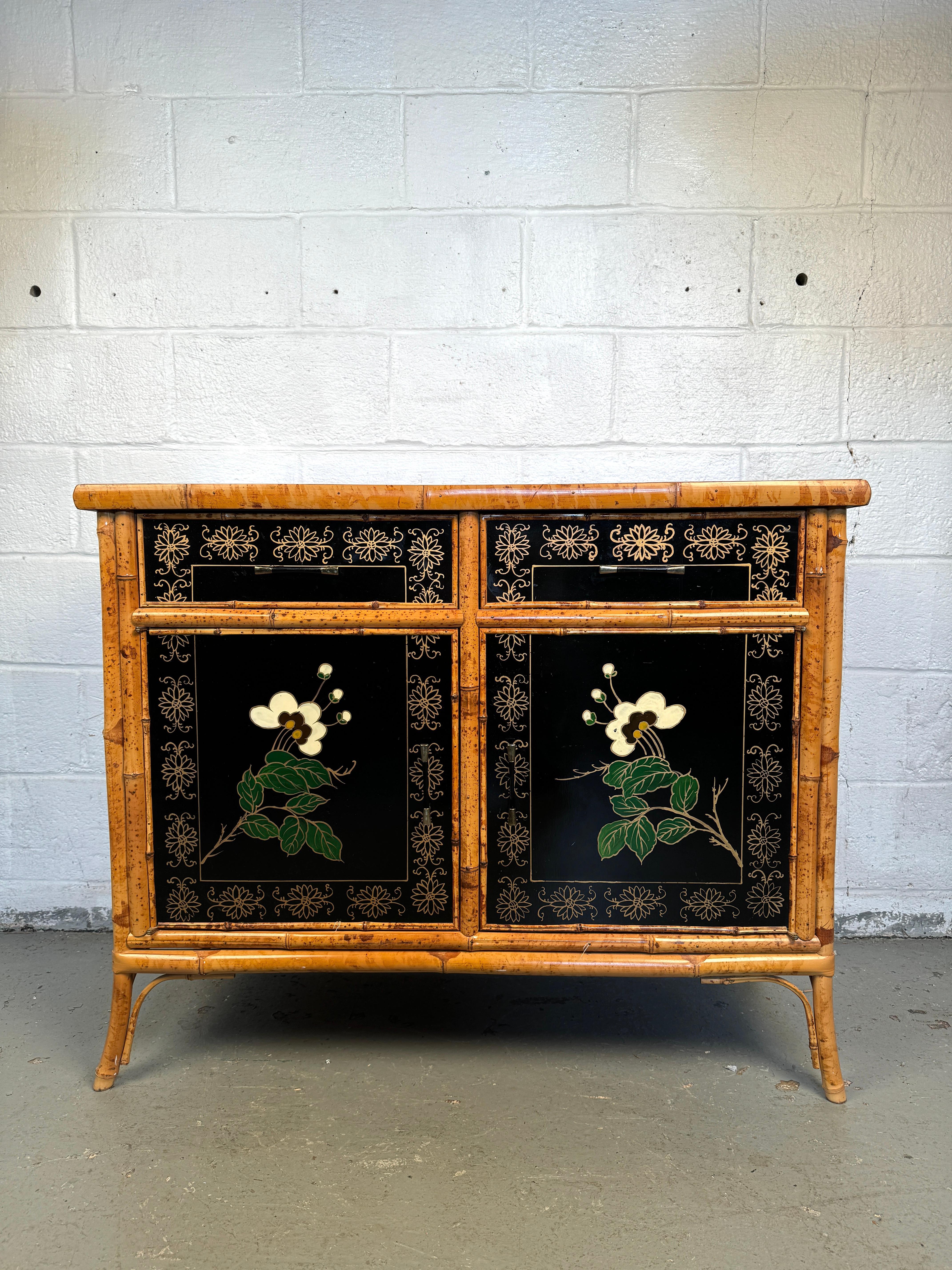 Bring timeless elegance and rich cultural heritage to your home with this stunning Hand-Painted Burnt Bamboo Chinoiserie Cabinet. Crafted with intricate attention to detail, this unique piece combines the beauty of traditional Chinese artistry with