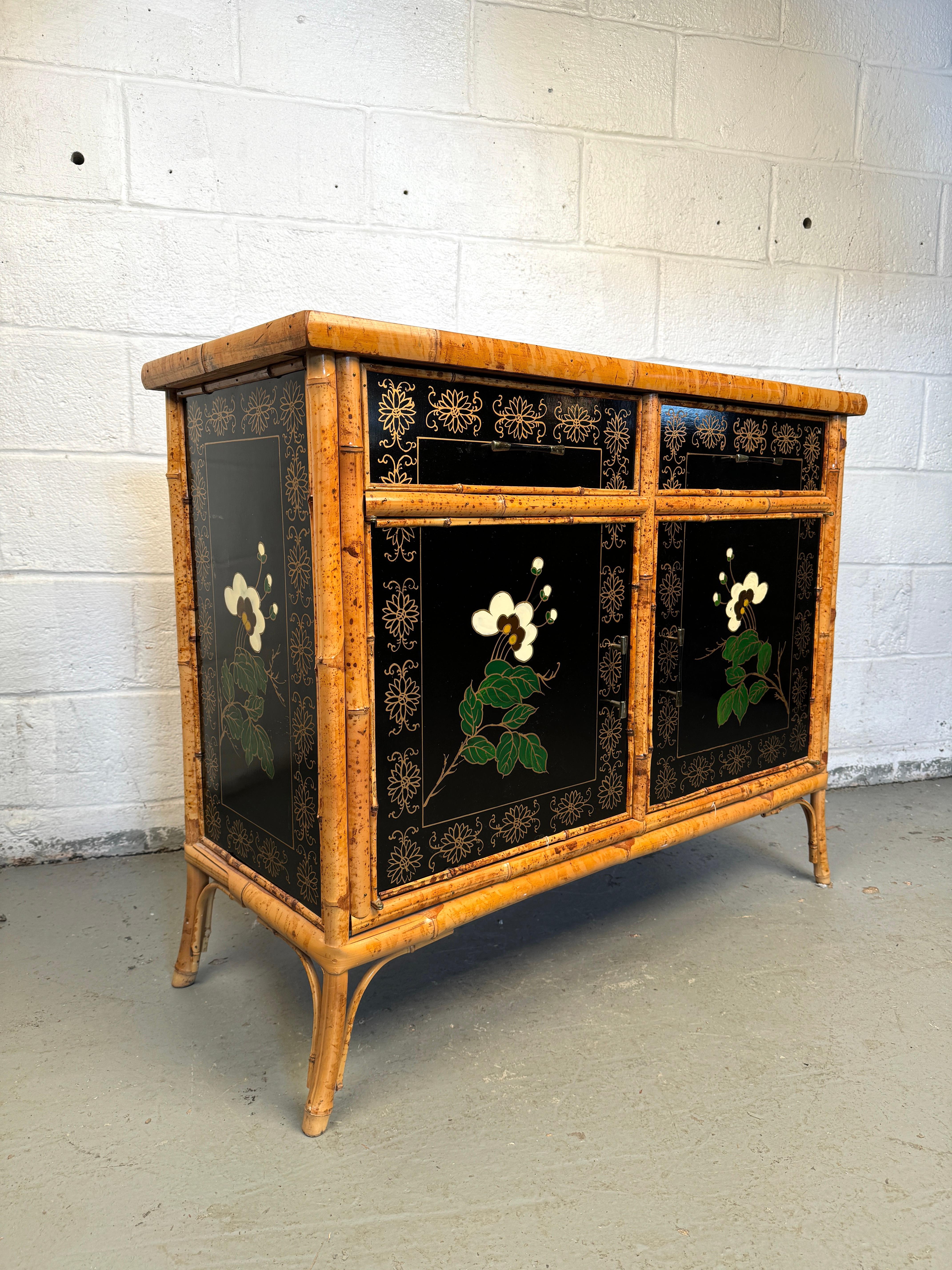 Mid-Century Modern Vintage Hand Painted Bamboo Chinoiserie Cabinet