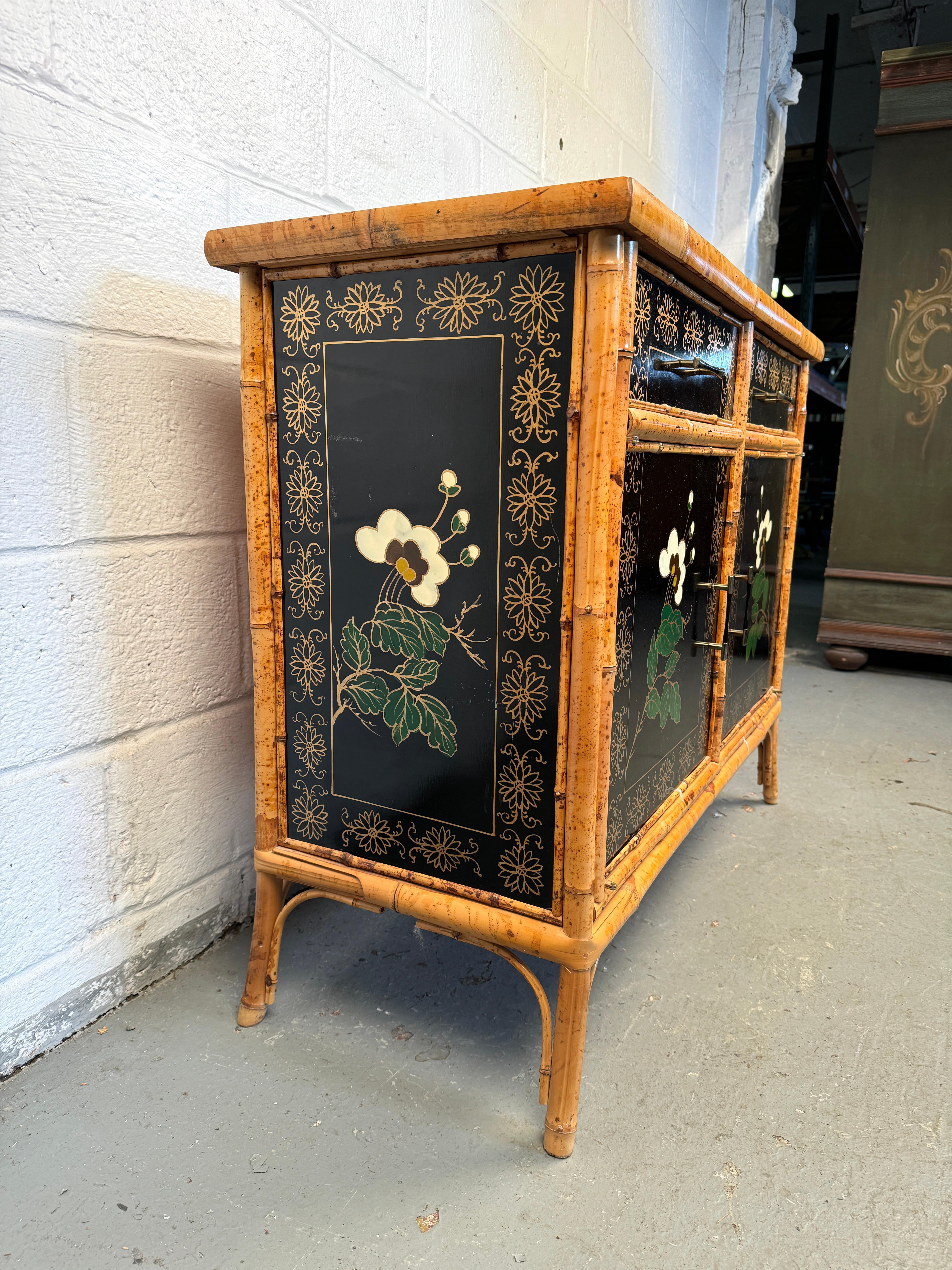 20th Century Vintage Hand Painted Bamboo Chinoiserie Cabinet