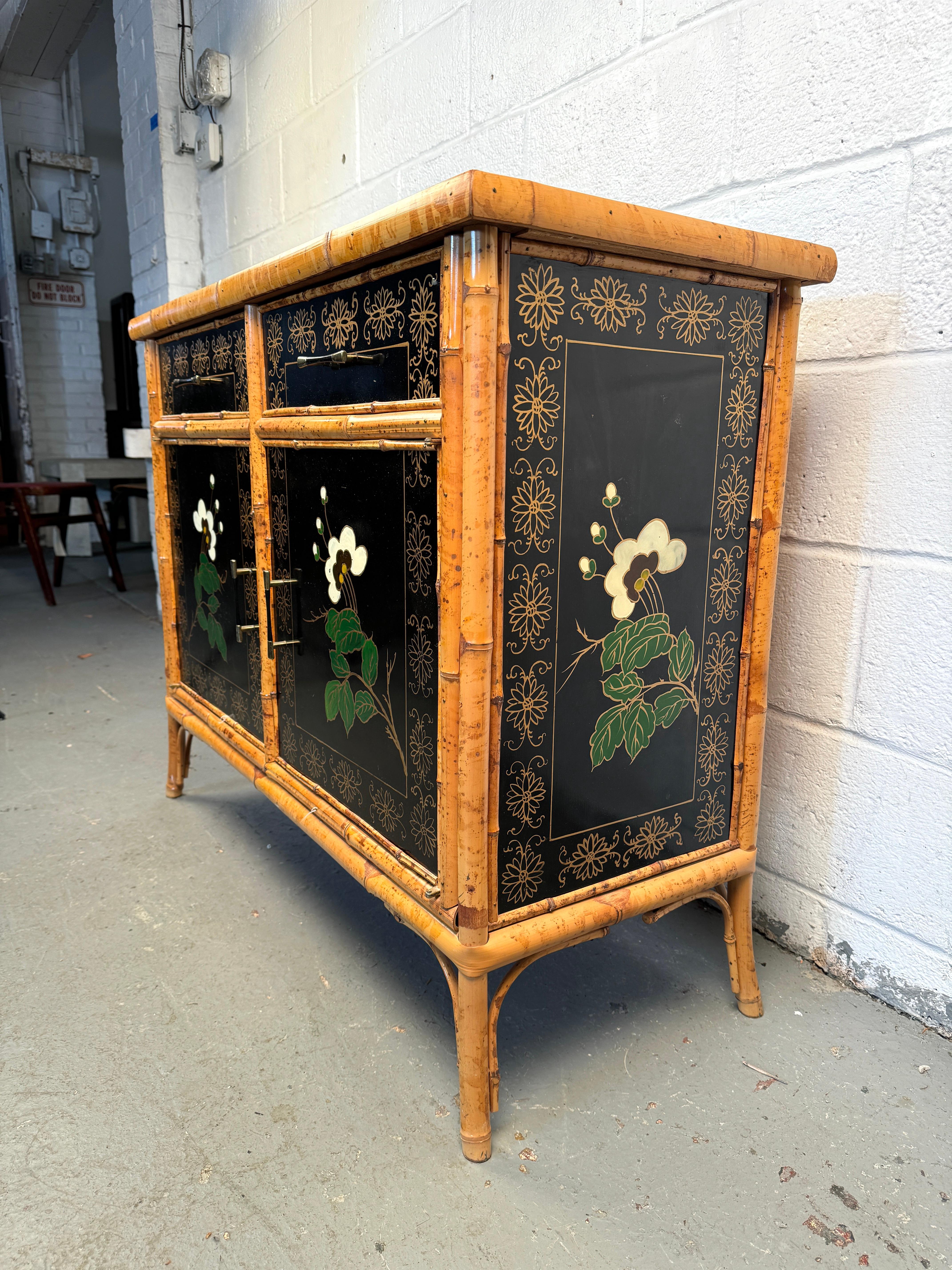 Vintage Hand Painted Bamboo Chinoiserie Cabinet 1