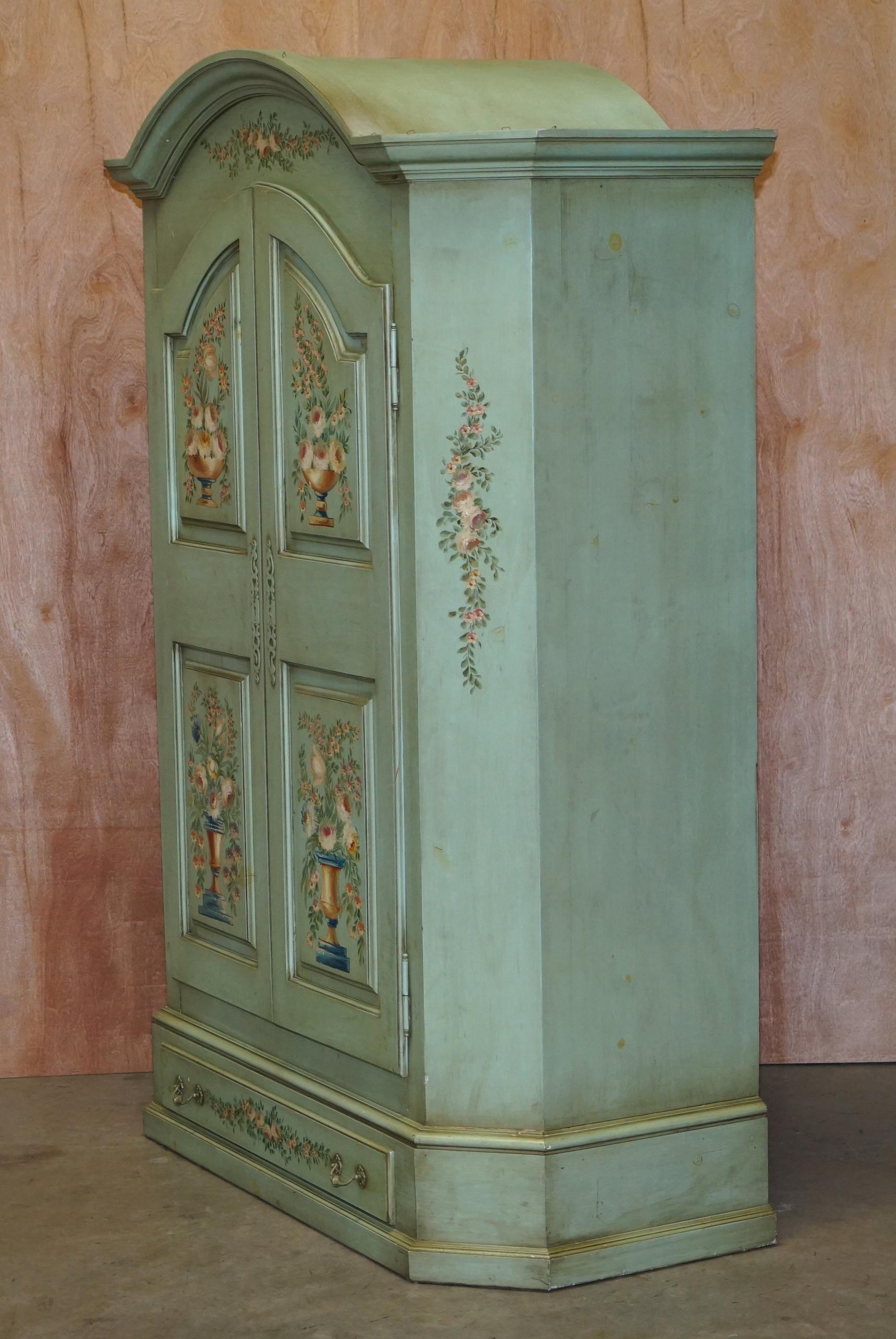 Vintage Hand Painted Blue 18th Century Style Wardrobe with Floral Detailing 1